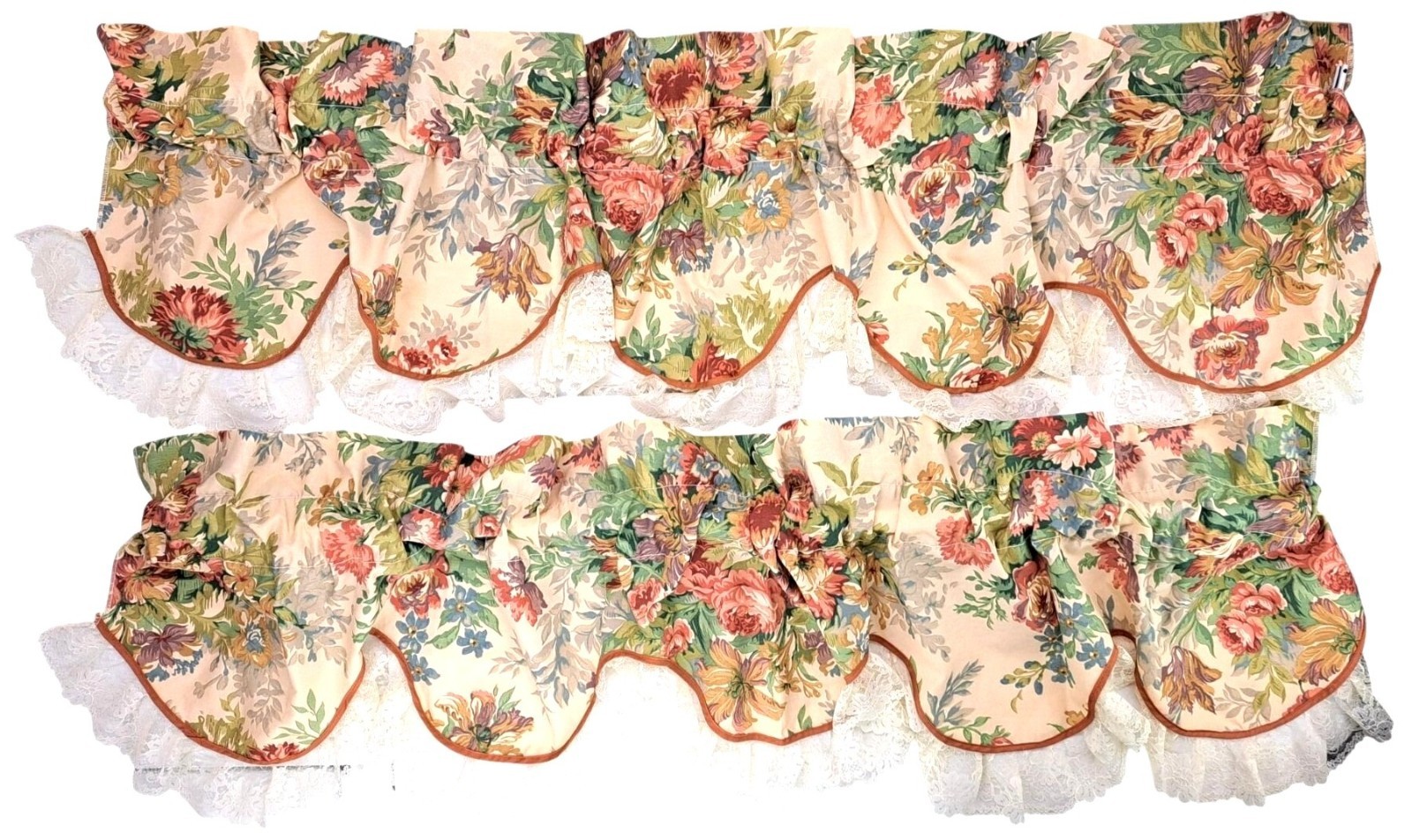 Vintage Lady Linda Floral Scallop Valance Lace Rose 70″ Set Of 2 Cottagecore
