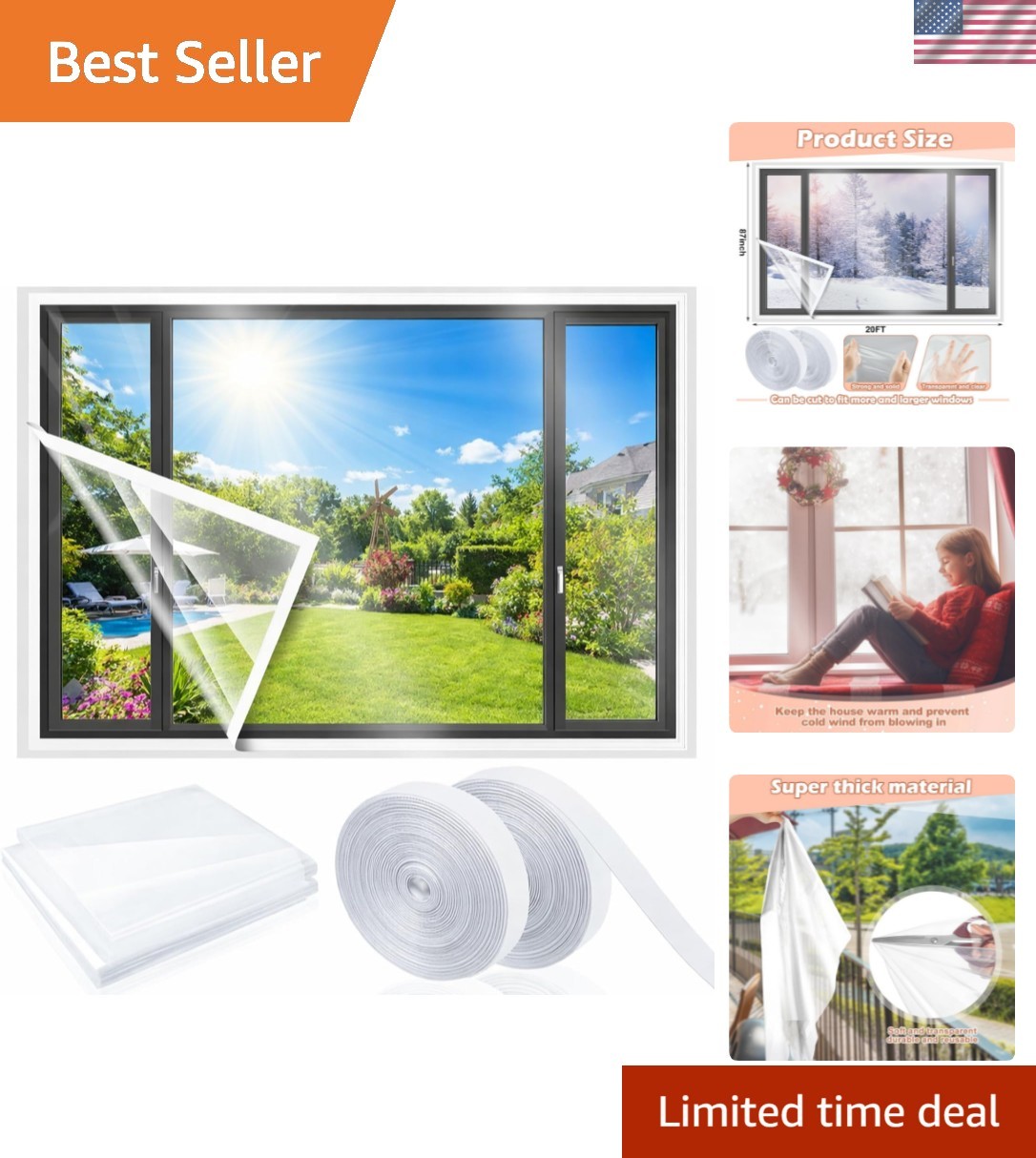 87×20 ft Reusable Window Insulation Kit: Thermal Waterproof Film for Winter