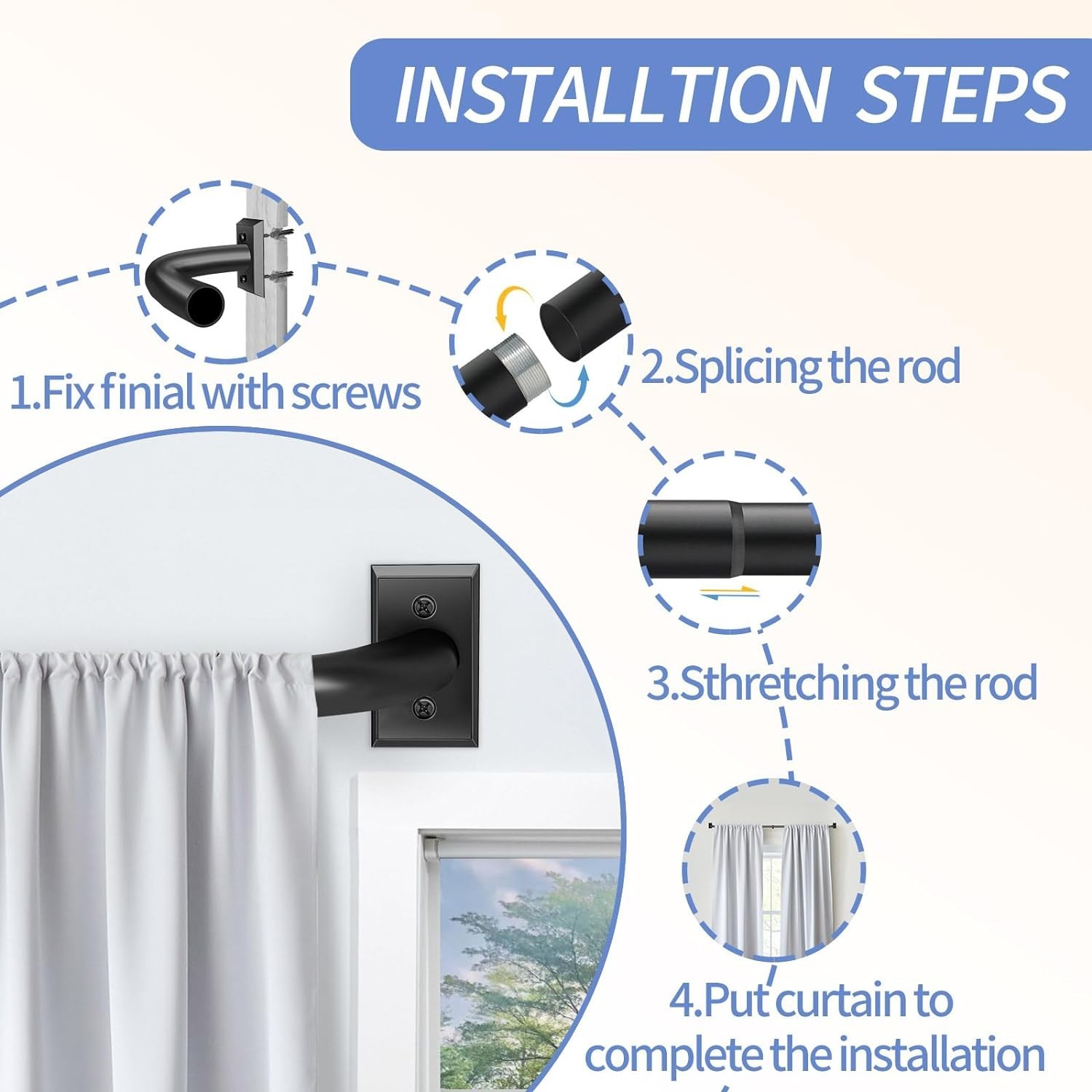 Black Curtain Rod Room Darkening Heavy Duty Modern Blackout Drapery 28-48 Inches