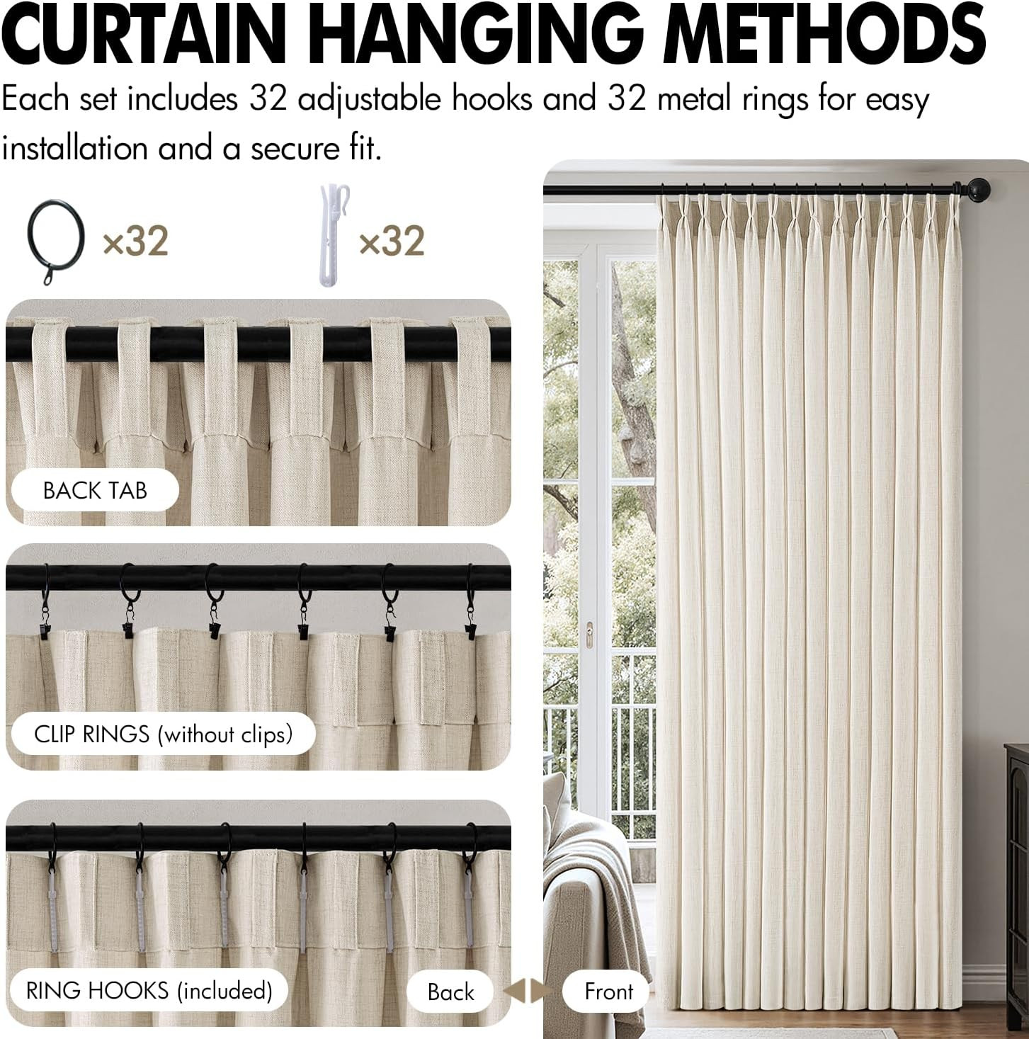 Pinch Pleated Thick Linen Curtains 90 Inches 4 Panels Set Ivory Cream Back Tab M