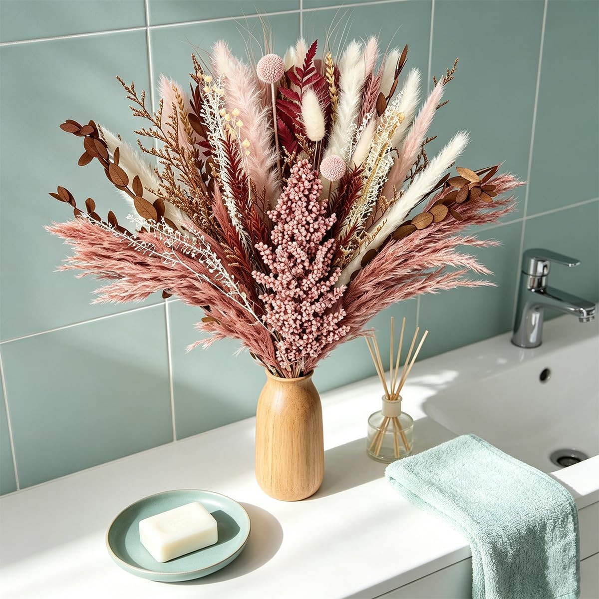 Dusty Rose & Terracotta Dried Pampas Grass Bouquet, Warm Boho Preserved Floral A