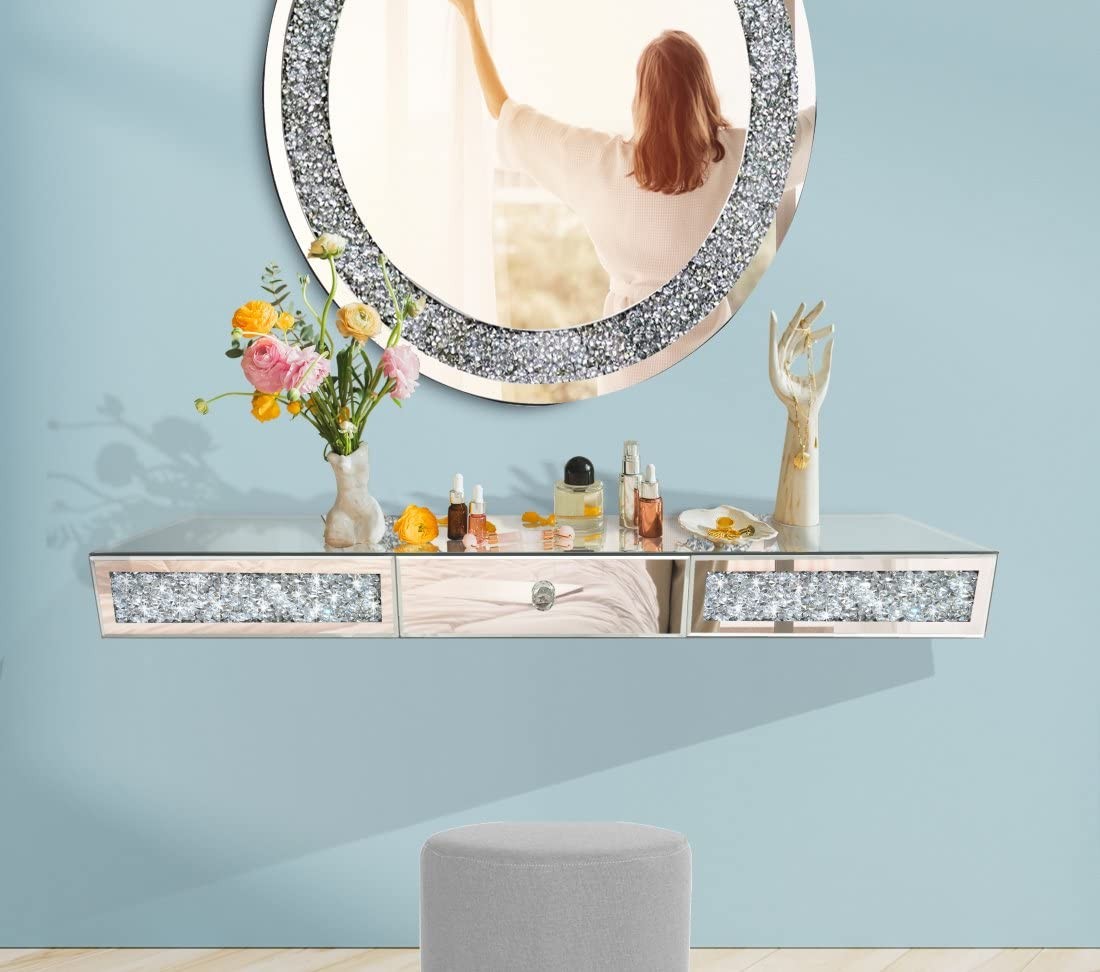 Crystal Diamond Mirrored Wall Shelf with Drawer-31.5″ Silver Mirror Crushed G…