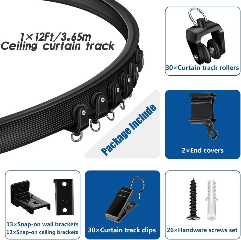 Ceiling Curtain Track, Flexible Bendable Curtain Track 12Ft Black Curved Curtain