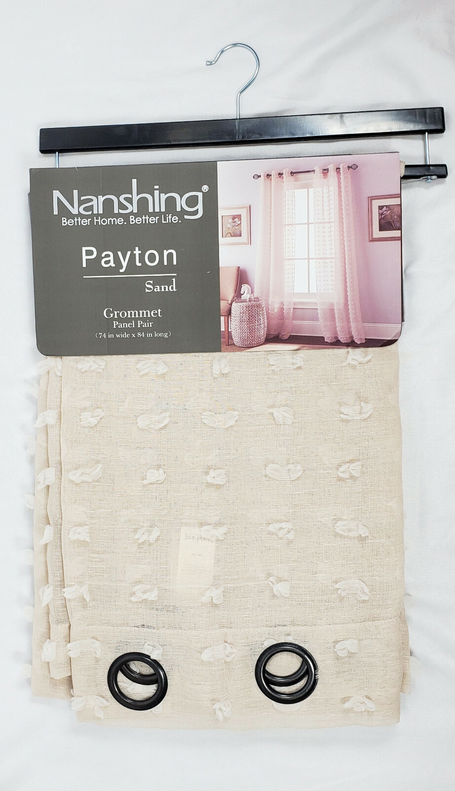 Nanshing Payton Eyelash Grommet Sheer Curtain Panel Pair 74″x84″ – White, Sand