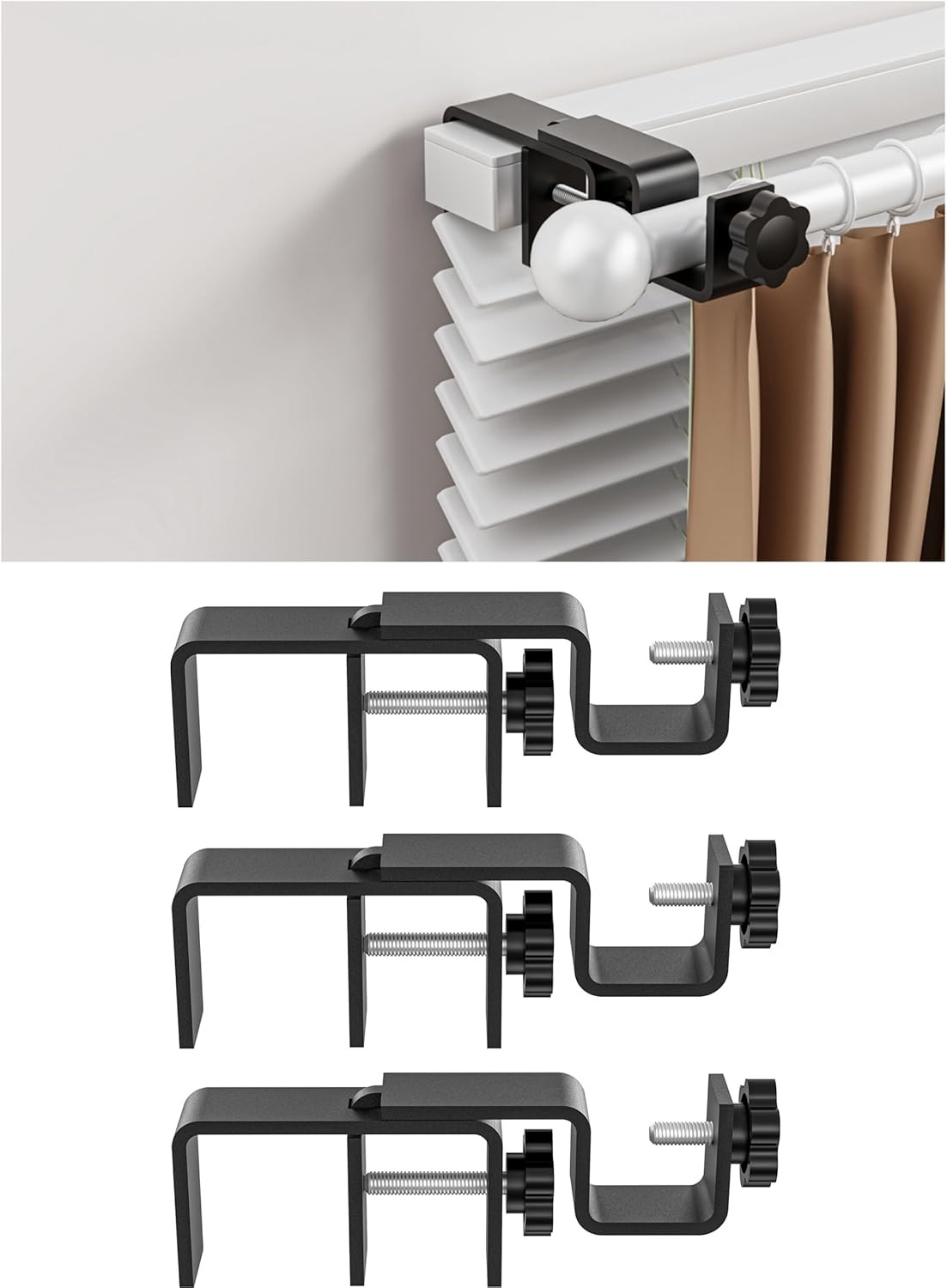 Over-Blinds Curtain Rod Brackets for 1 3-2 Rectangular Headrails Black Set 3