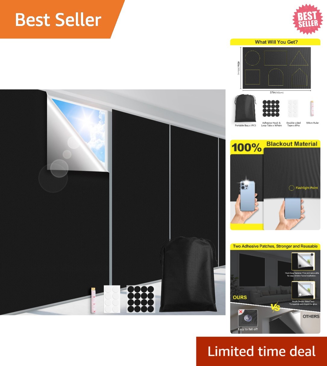 No-Drill Blackout Window Blinds – Portable, Customizable Shade for Travel (57”)