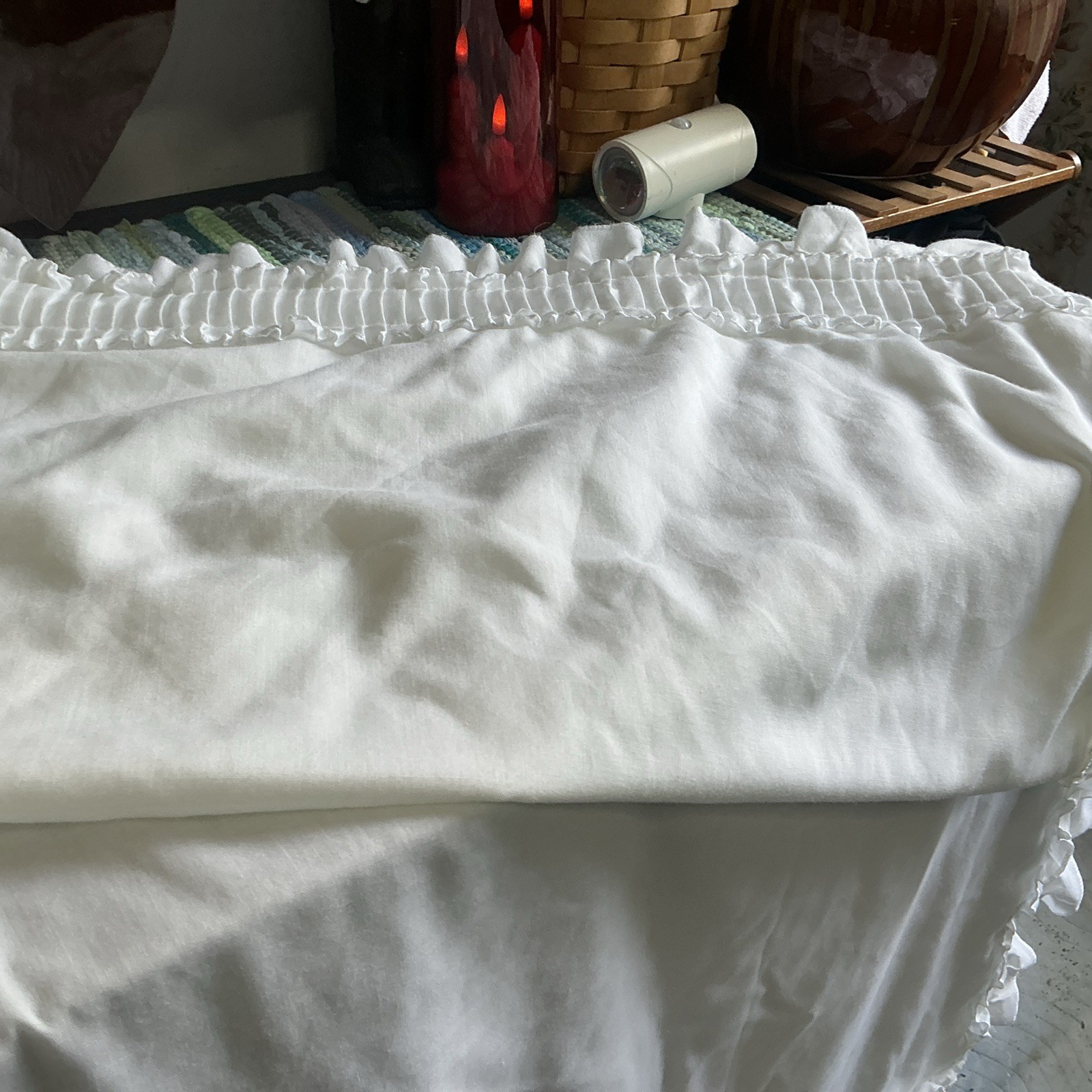 (1 Set + Tiebacks) Vintage White Ruffle Cafe Curtains 28×58” Each A42
