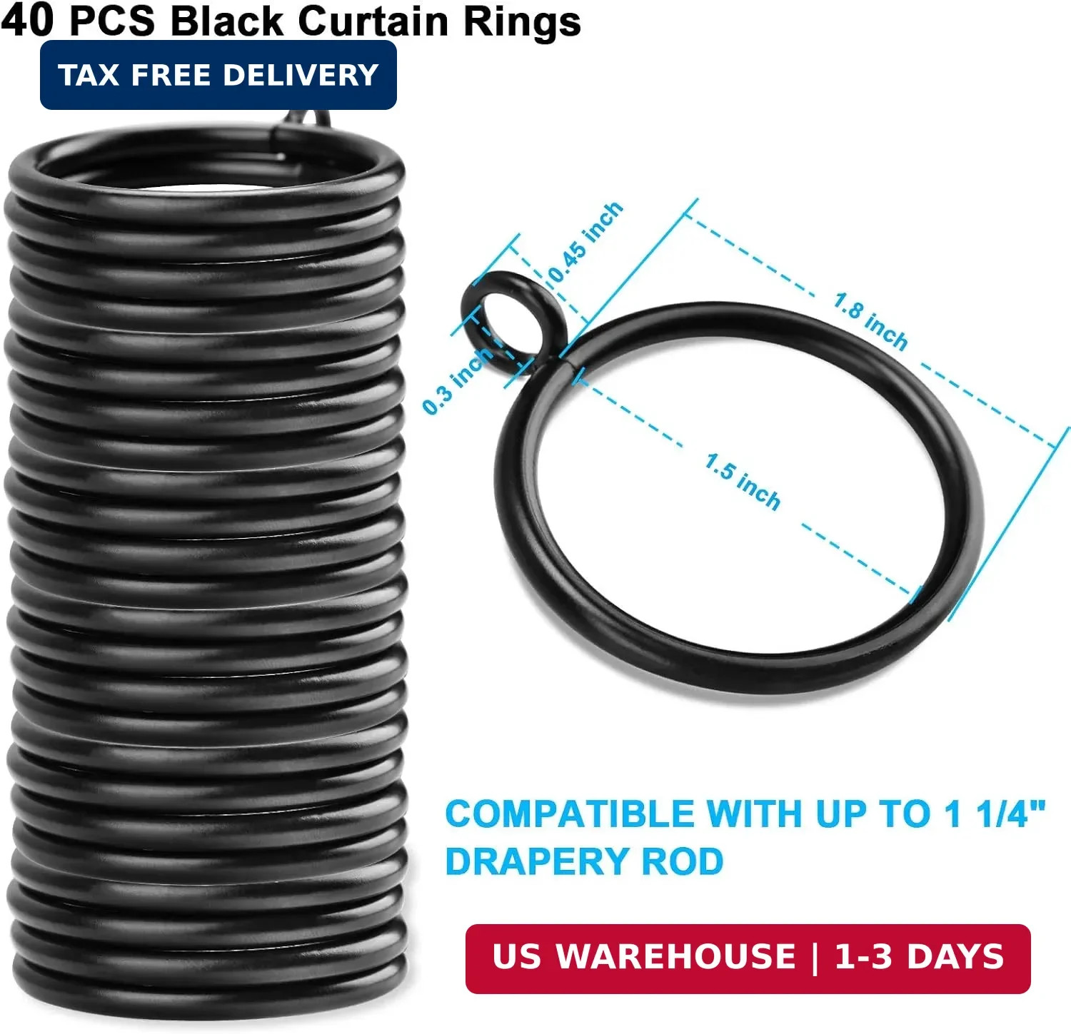 40 PCS Black Curtain Rings, Curtains Ring with Eyelet Apply for Up to 1 1/4-inch