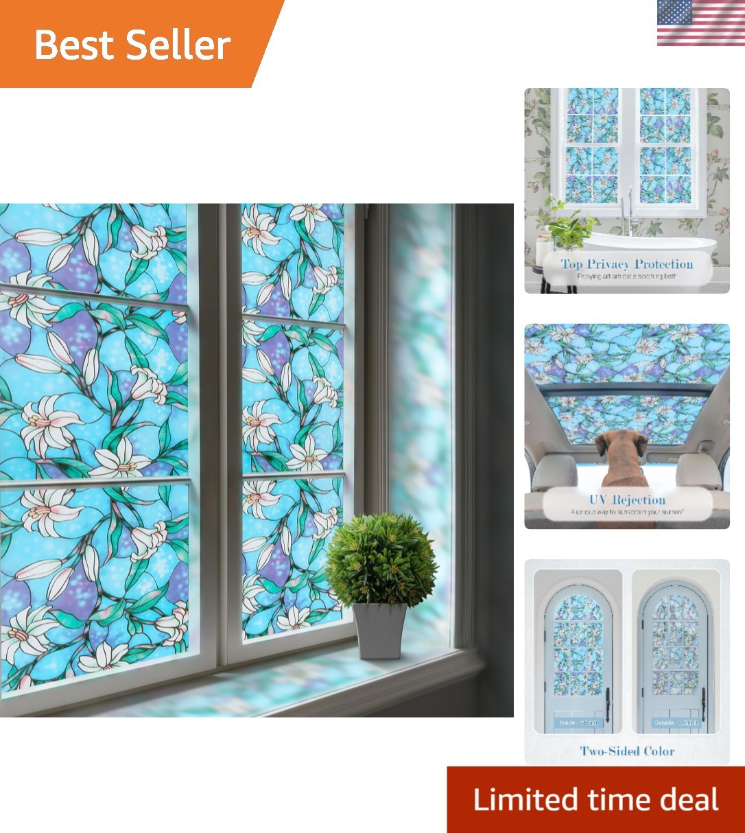 Decorative Static Cling Stained Glass Film – Blue Lily Design, UV Protection