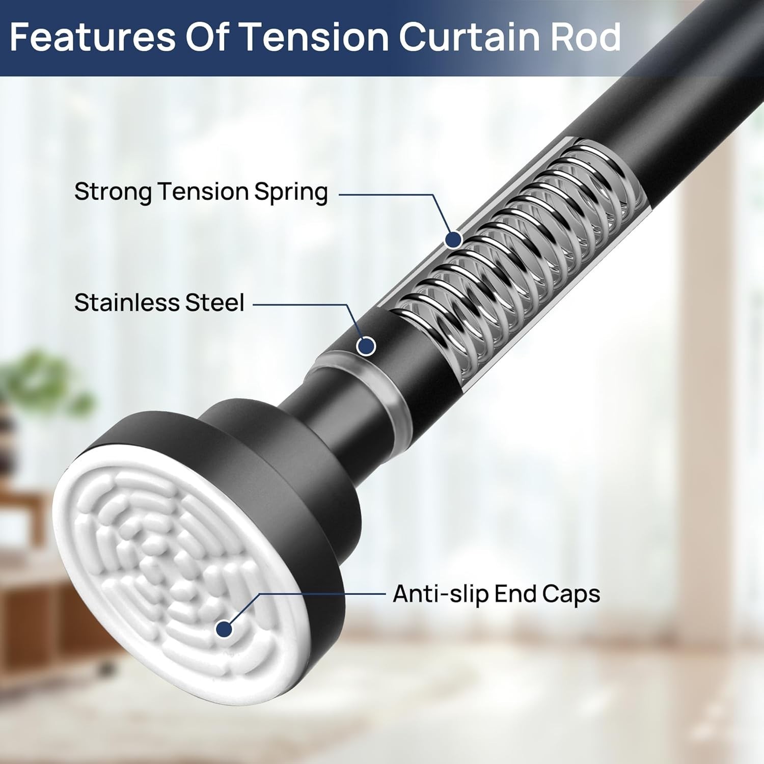 2 Pack Adjustable Spring Tension Curtain Rods 32 to 66 Inches, Stainless Stee…