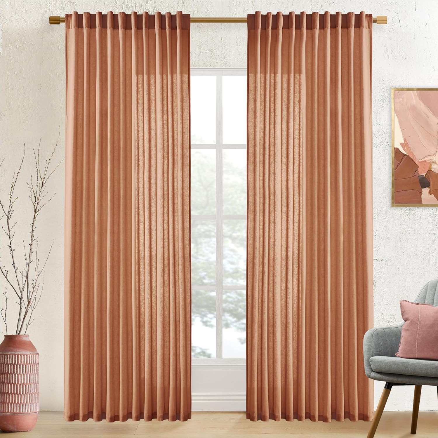 84″ Terracotta Sheer Linen Curtains for Living Room & Bedroom, 70″ Wide