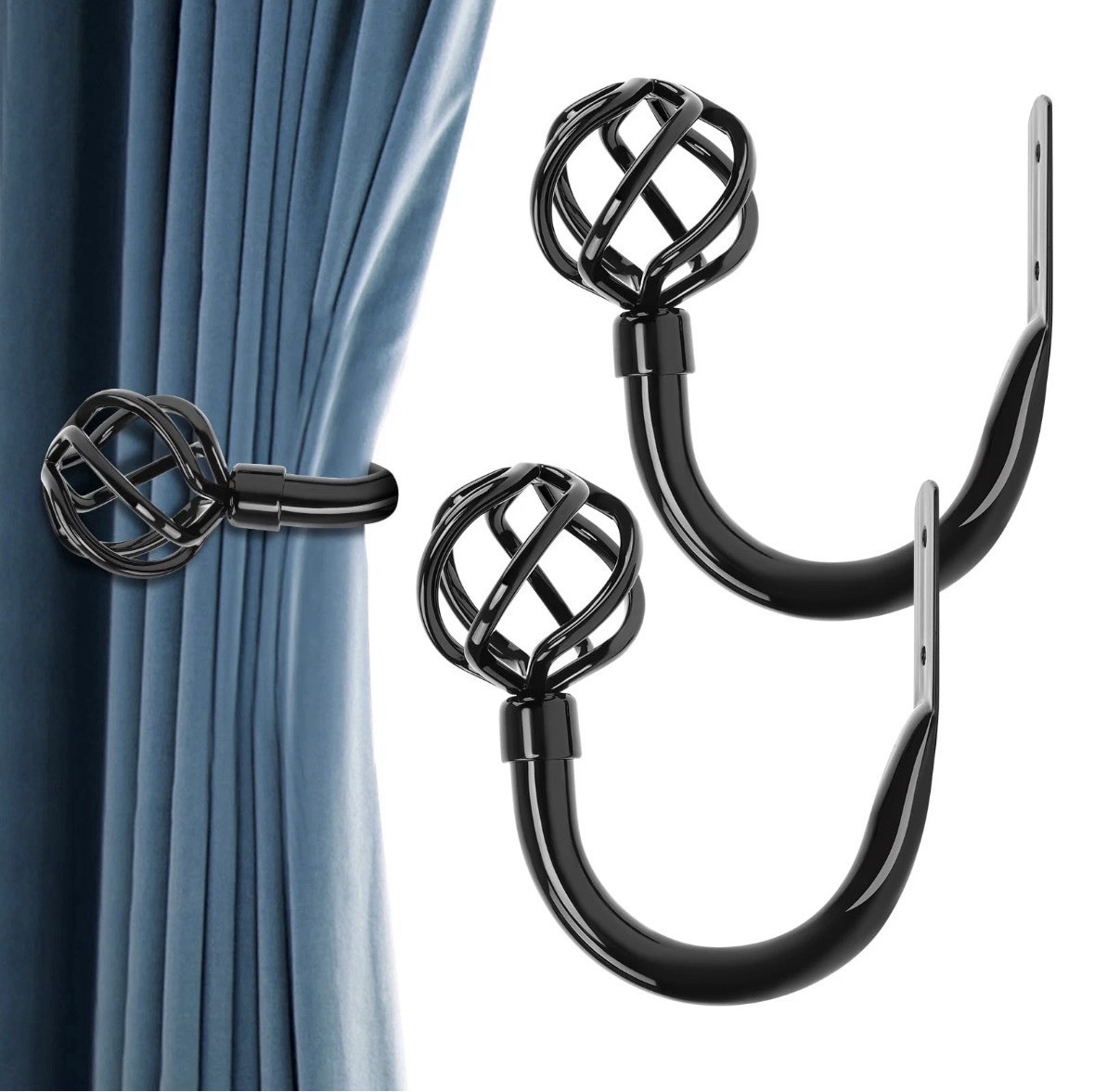 4pcs Piano Black Metal Curtain Tiebacks – High-Gloss Solid Cast Iron Geometri…