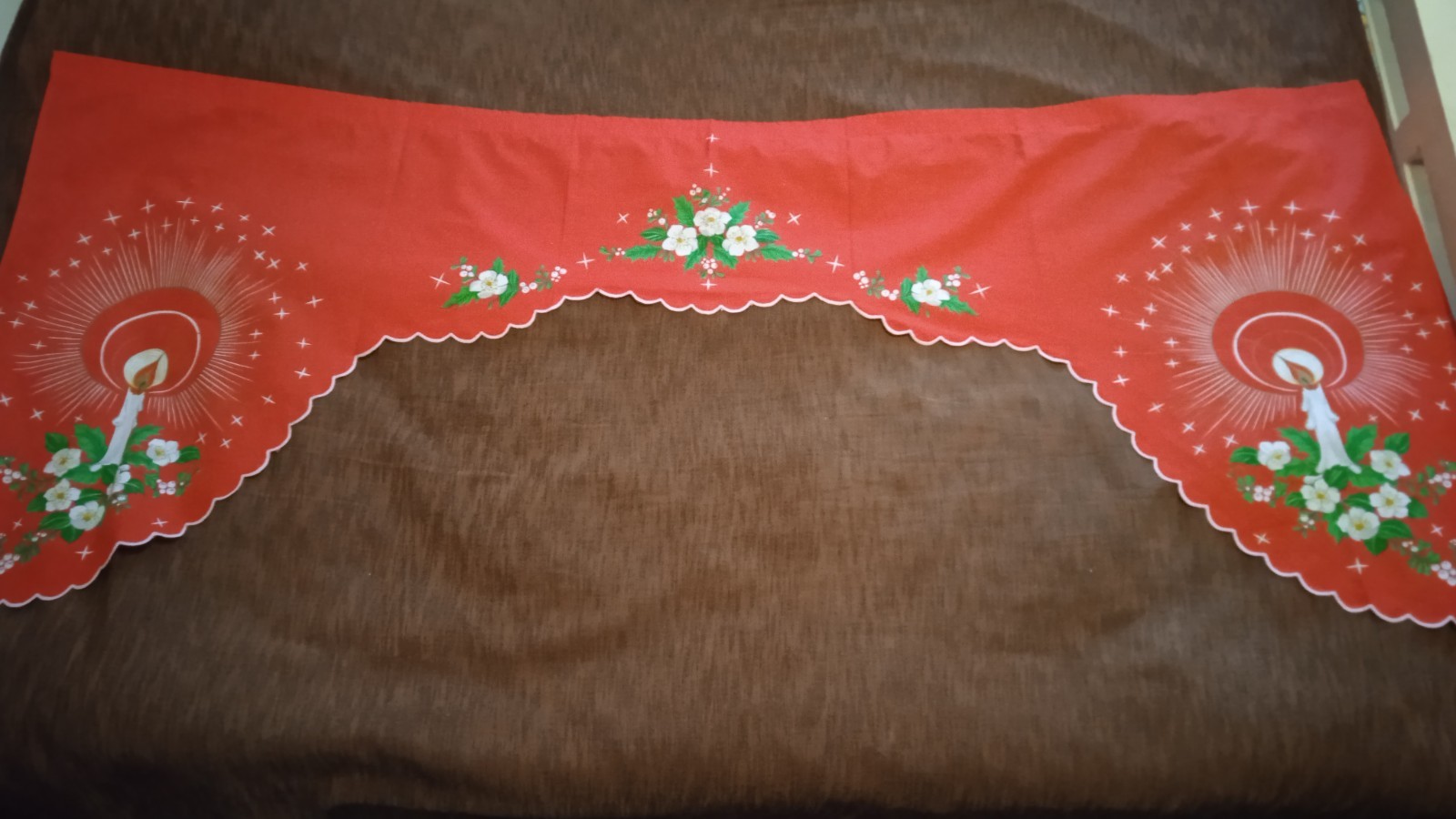 Vintage Christmas Red Cotton Valance with Candle & Flower Pattern Made in Brazil