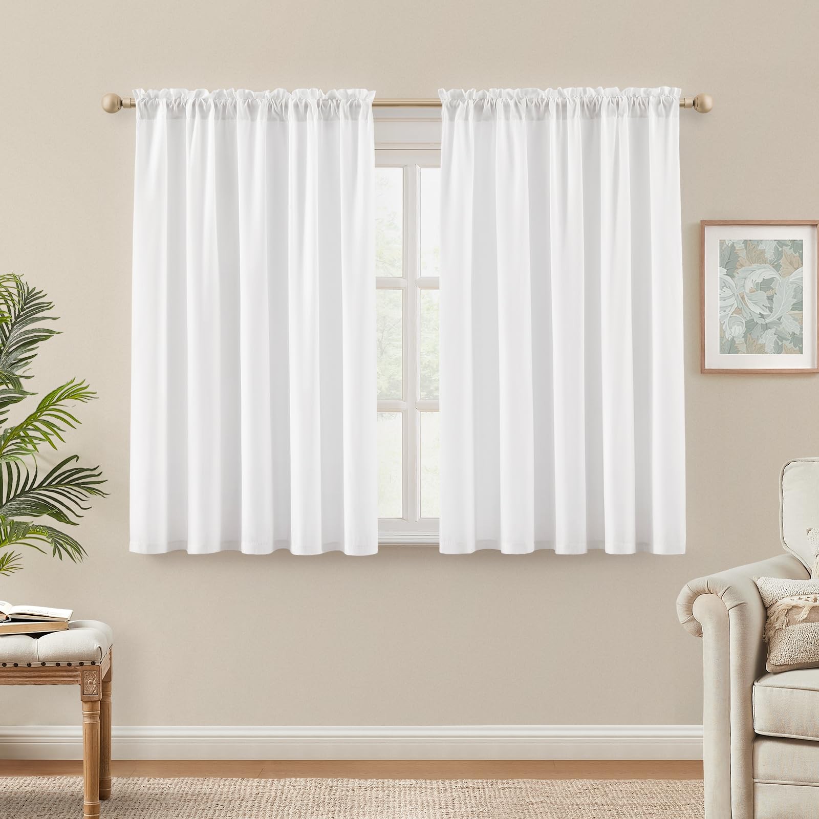 Non-See-Through White Privacy Semi Sheer Curtains 45 Inches Long 2 Panels Set…