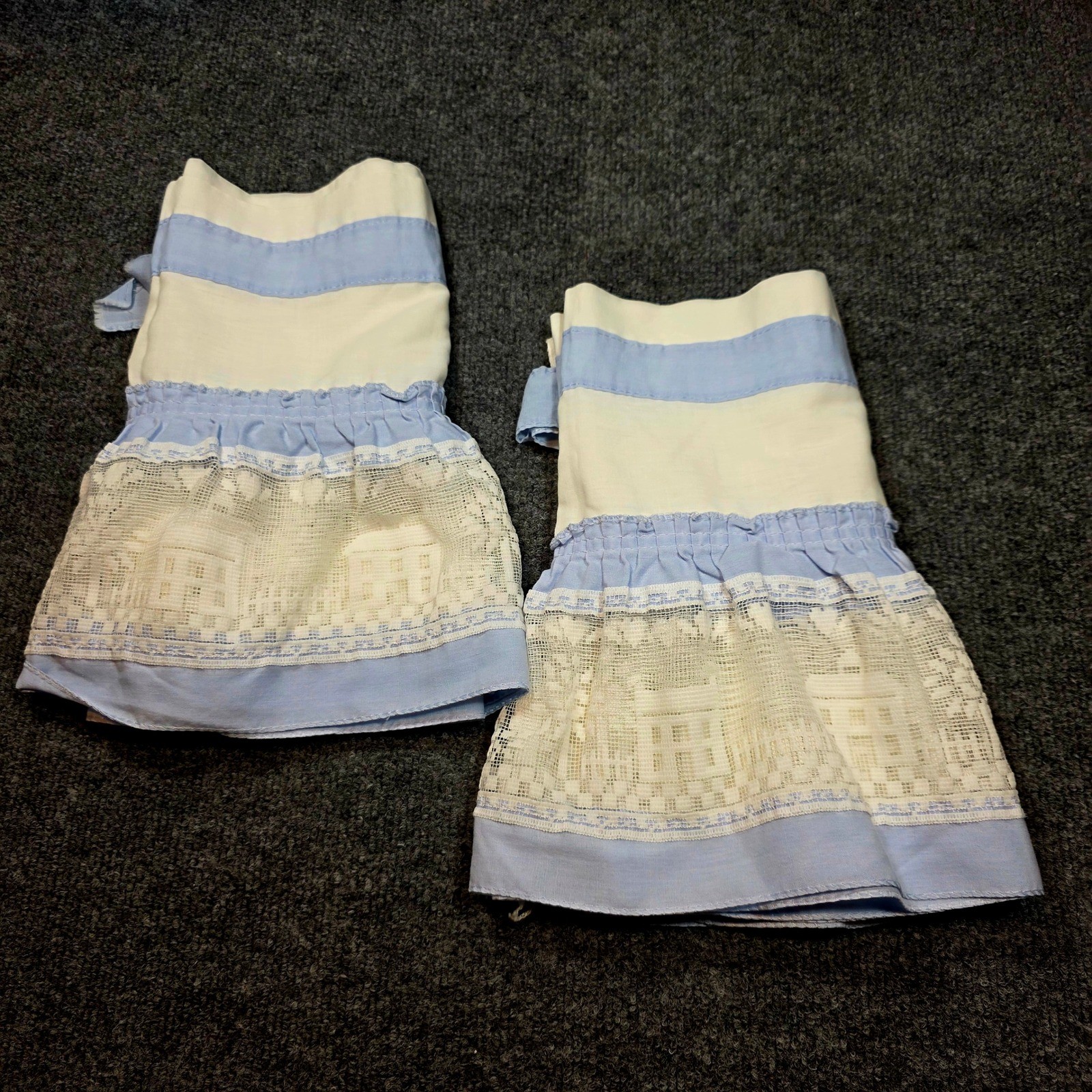 Vintage Blue White Village Scene Lace Ruffle Tier Curtains Set of 2 Valance USA