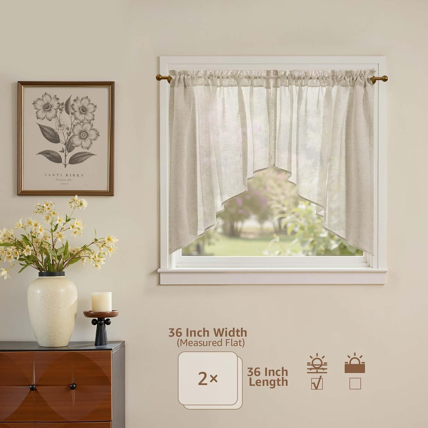 Elegant 36 Inch Light Filtering Valance | 2 Panel Country Linen Set in Beige