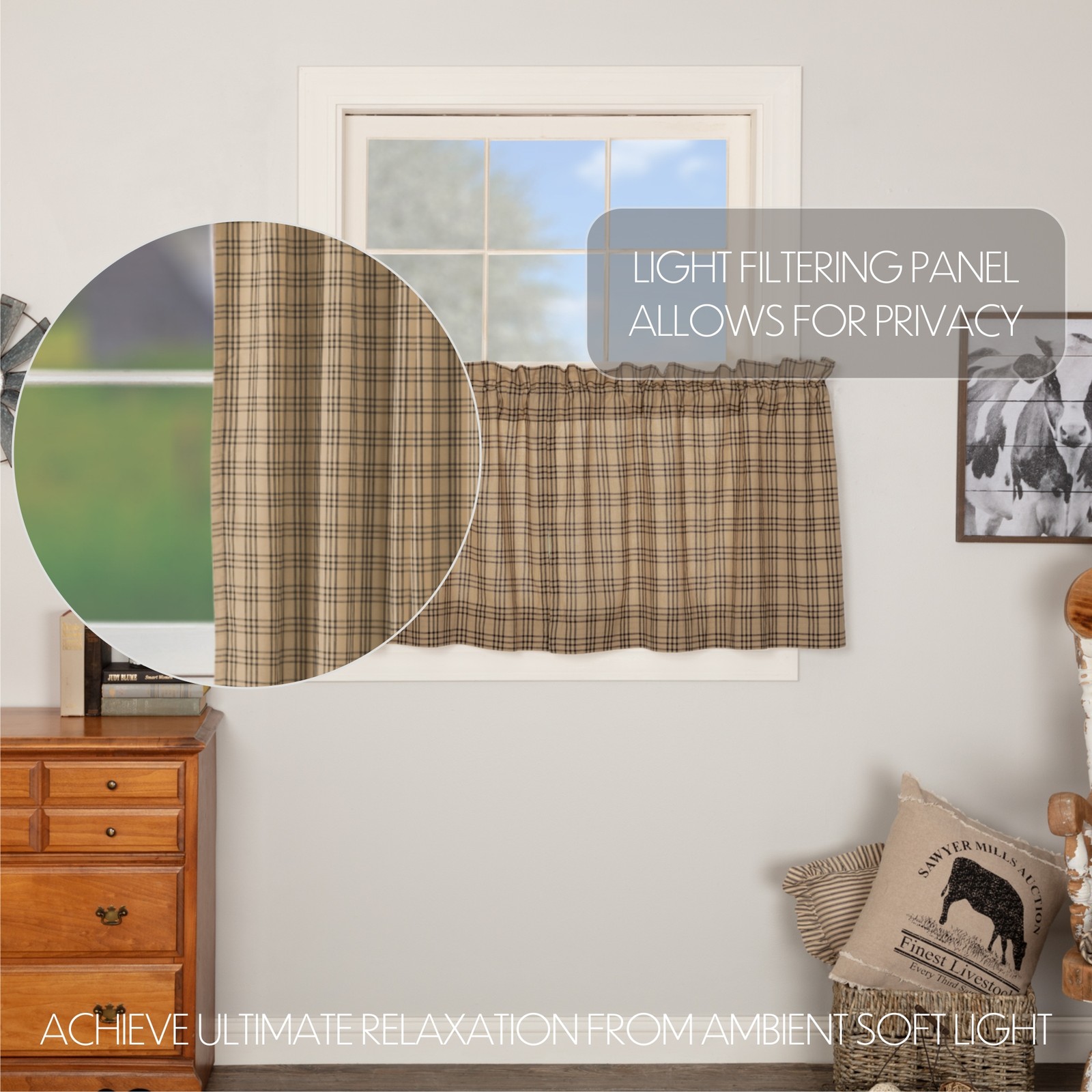 Farmhouse 24″x36″ Plaid Tier Pair Tan Rod Kitchen Window Curtains VHC Brands