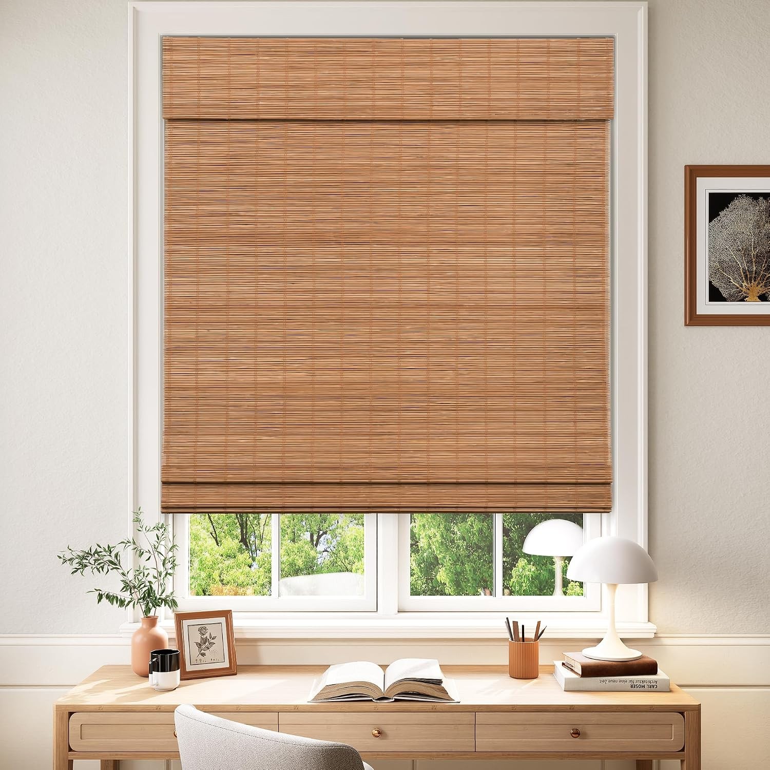 Cordless Blackout Bamboo Roman Shades, Room Darkening Blinds for Interior