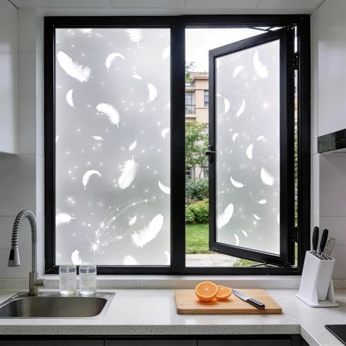 Frosted Glitter Feather Window Privacy Film, 78.5″ L x 17.5″ W, Decorative Non