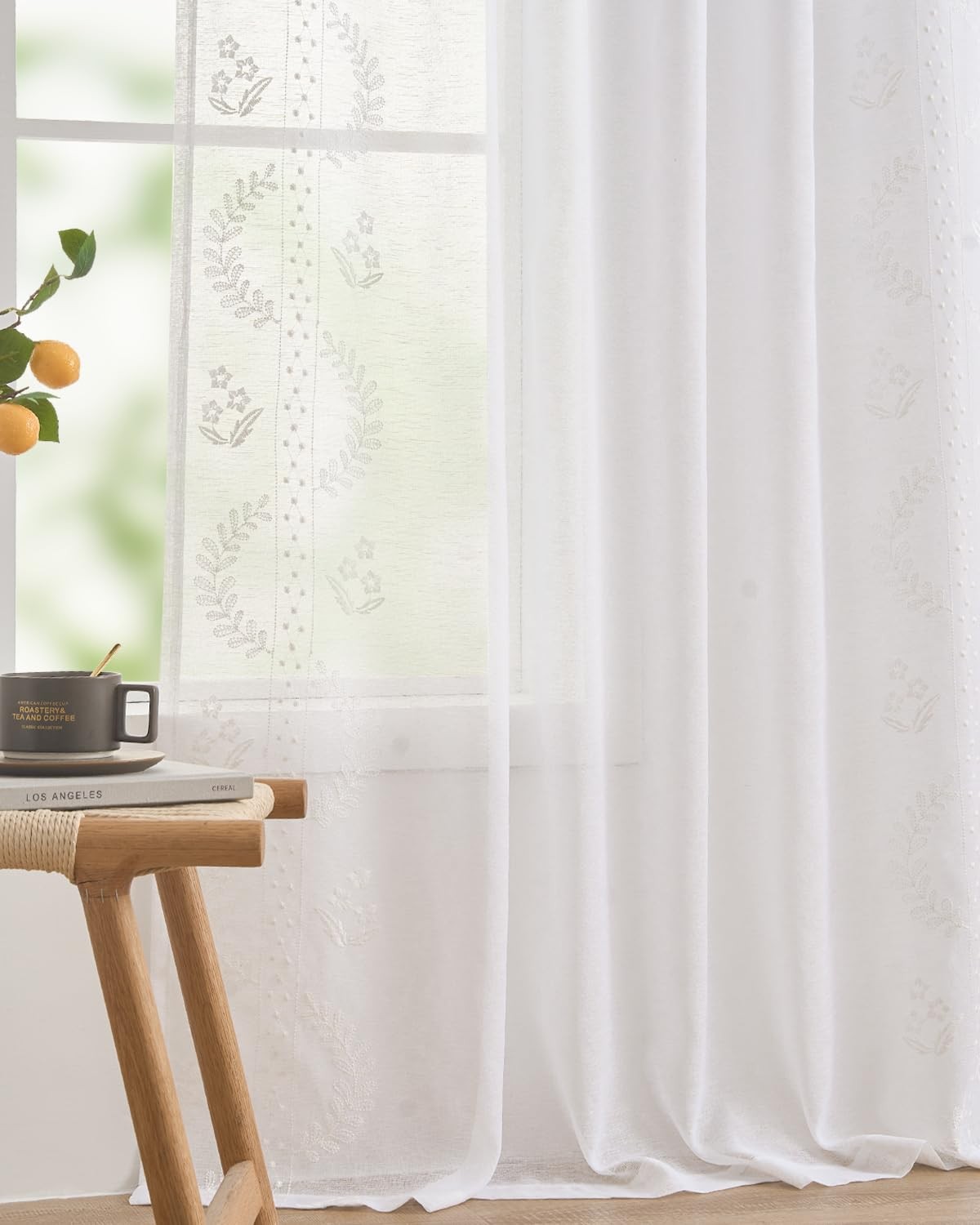 jinchan Belrose Linen Sheer Curtains 50x63in 2 Panels White