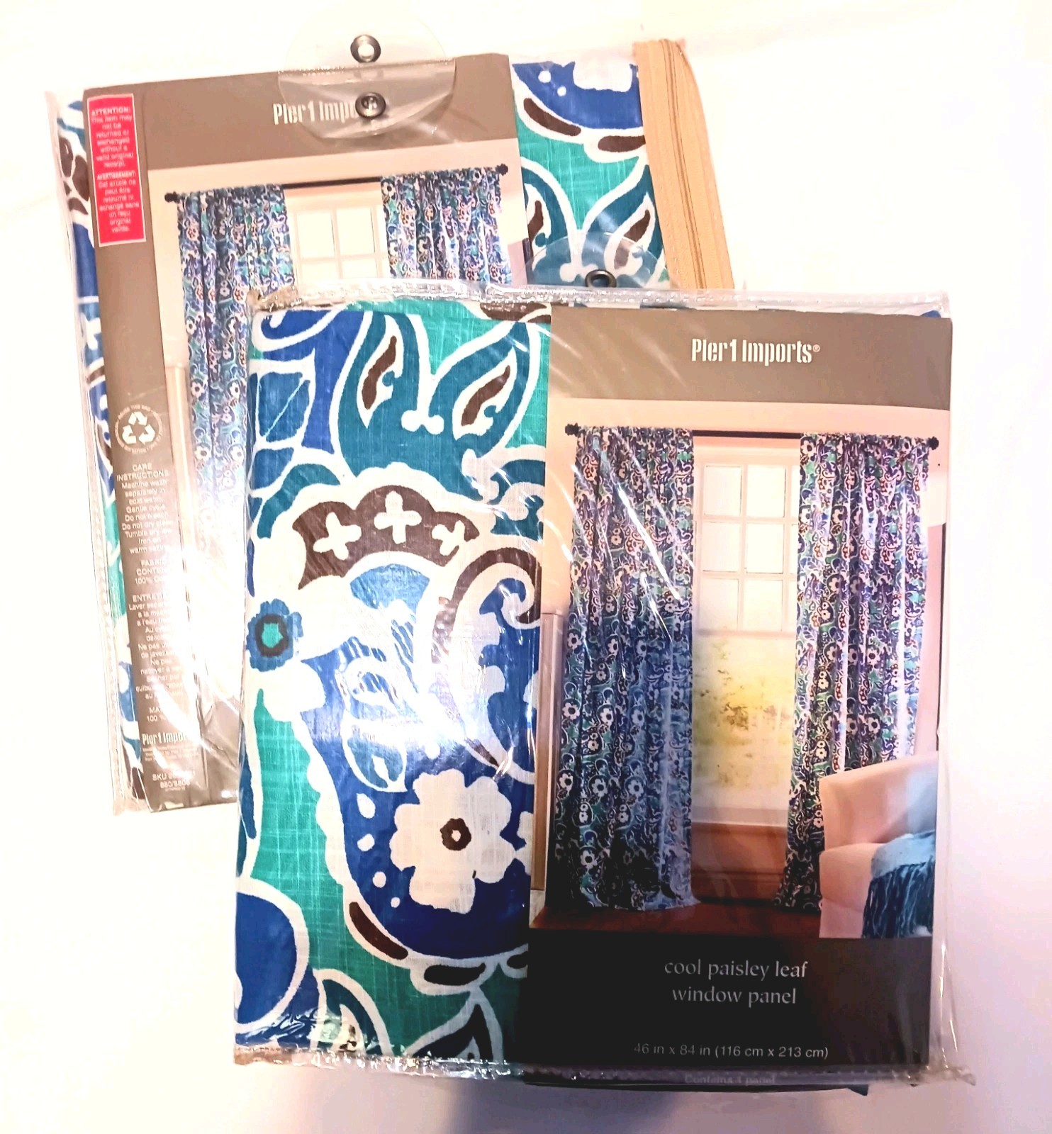Pier 1 Imports Curtains “Cool Paisley Leaf” Blue Window Panels 46 x 84″ BNIP
