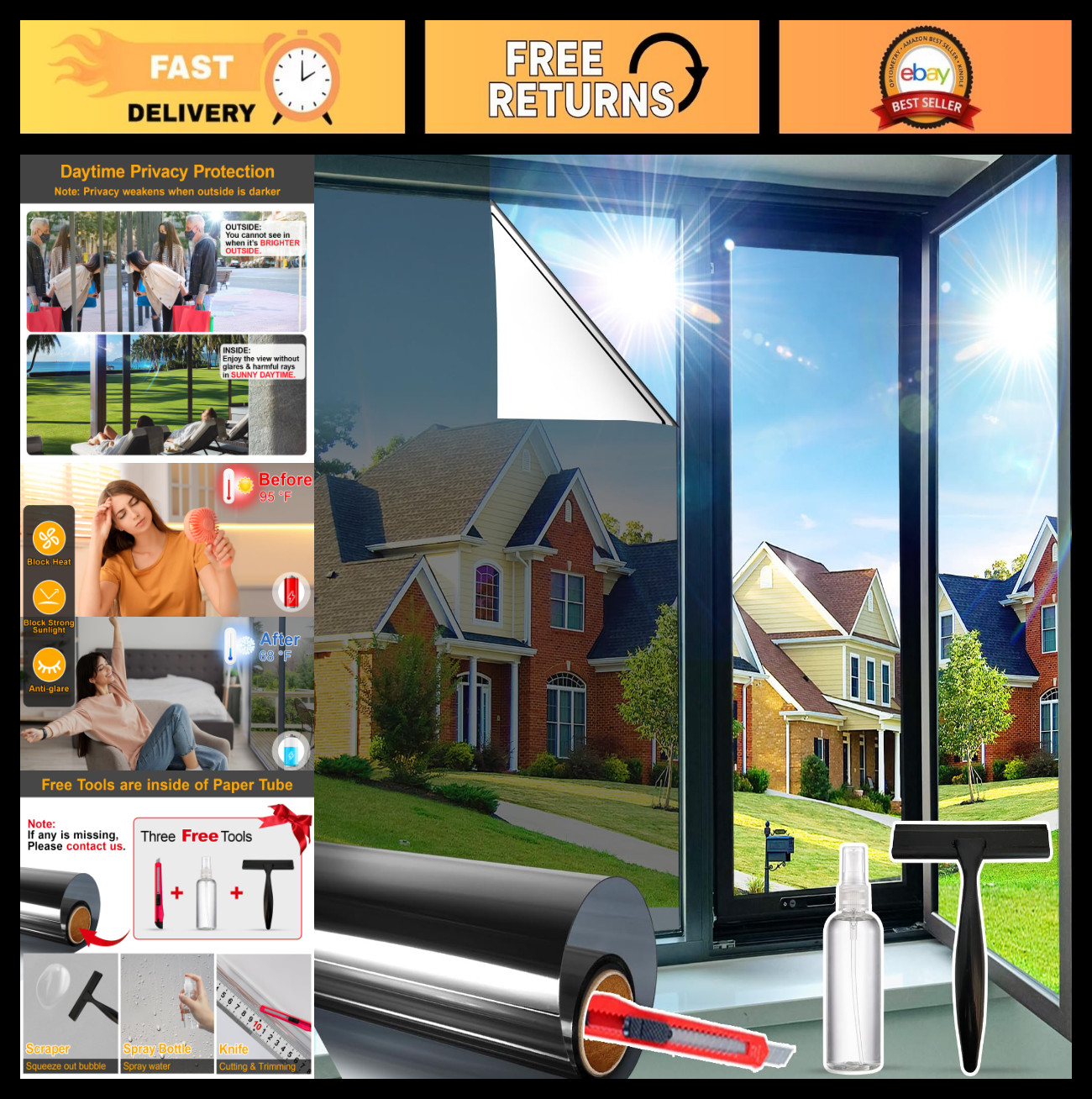 One Way Window Privacy Film – Daytime Static Cling, UV Blocking Tint, 23.6″x78.7