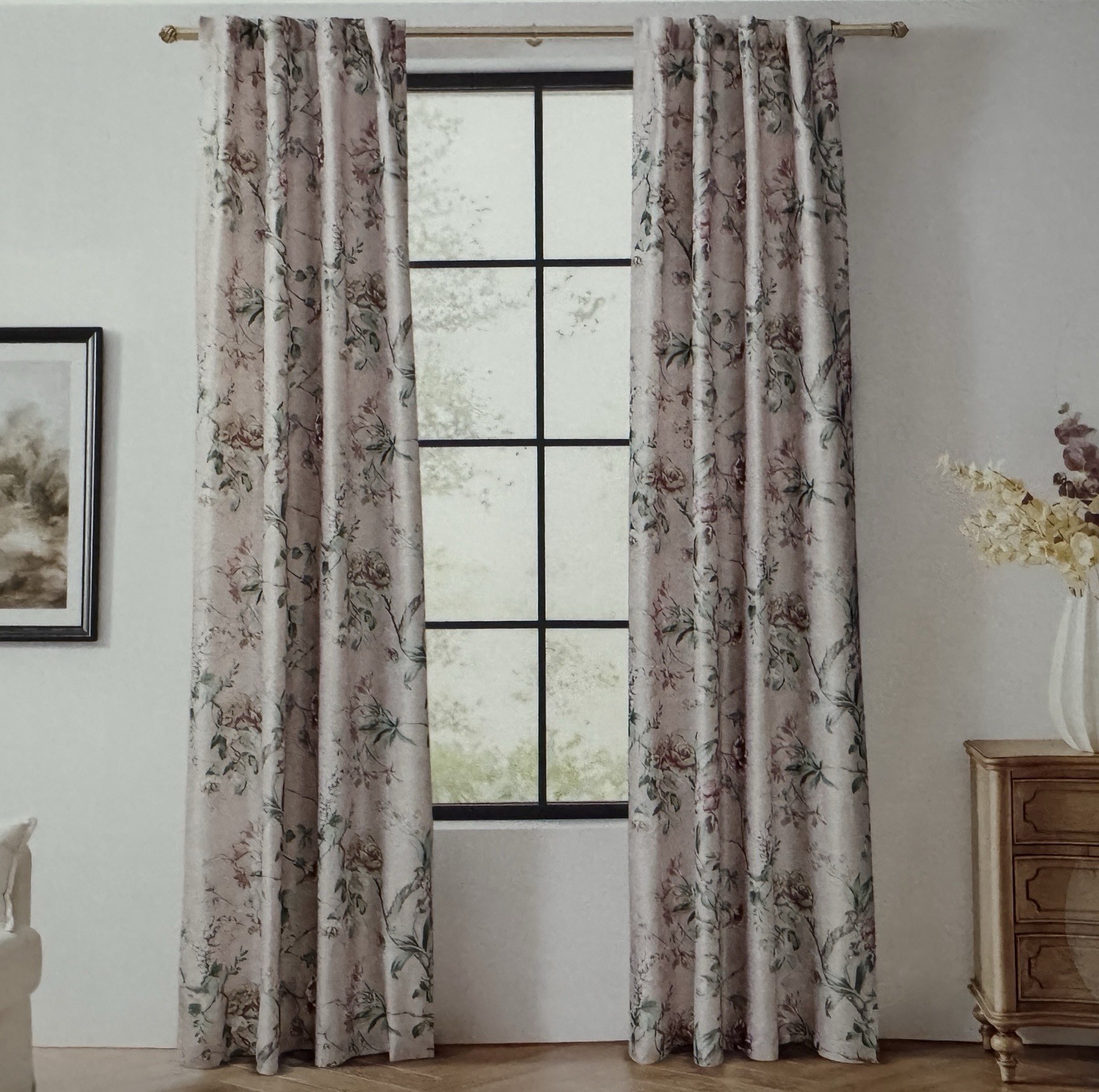 CALLISTO Window Curtains 2 Panels 38″ X 96″ Flowers Drapers Back Tab Blush Rose