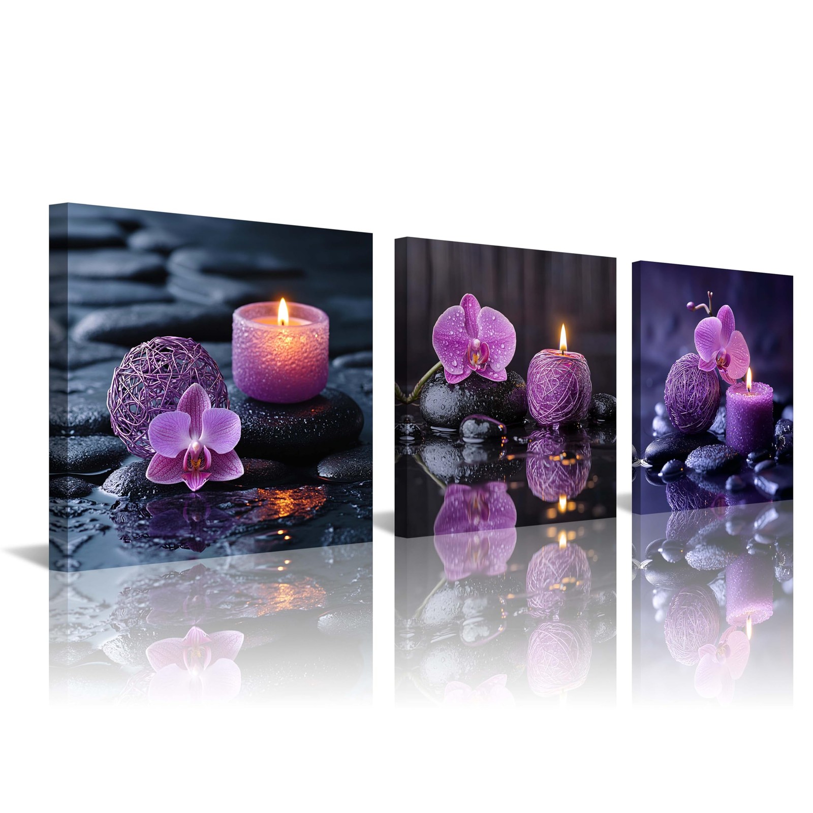 3PCS Zen Canvas Wall Art Purple Orchid Spa Decor Aromatherapy Candle Black St…