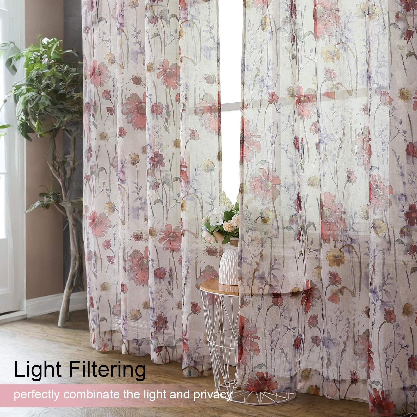 Crushed Printed Sheer Curtians 54 Inch Length 2 Panels, Light Filtering Sheer…