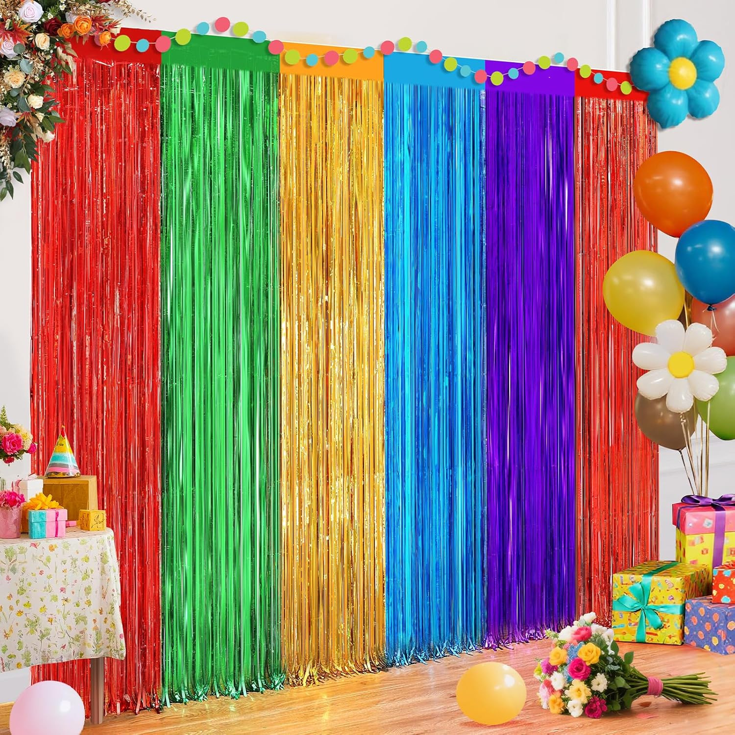 2 Pack Rainbow Foil Fringe Curtains, 3.3Ft X 6.6Ft Mexican Style Rainbow Streame