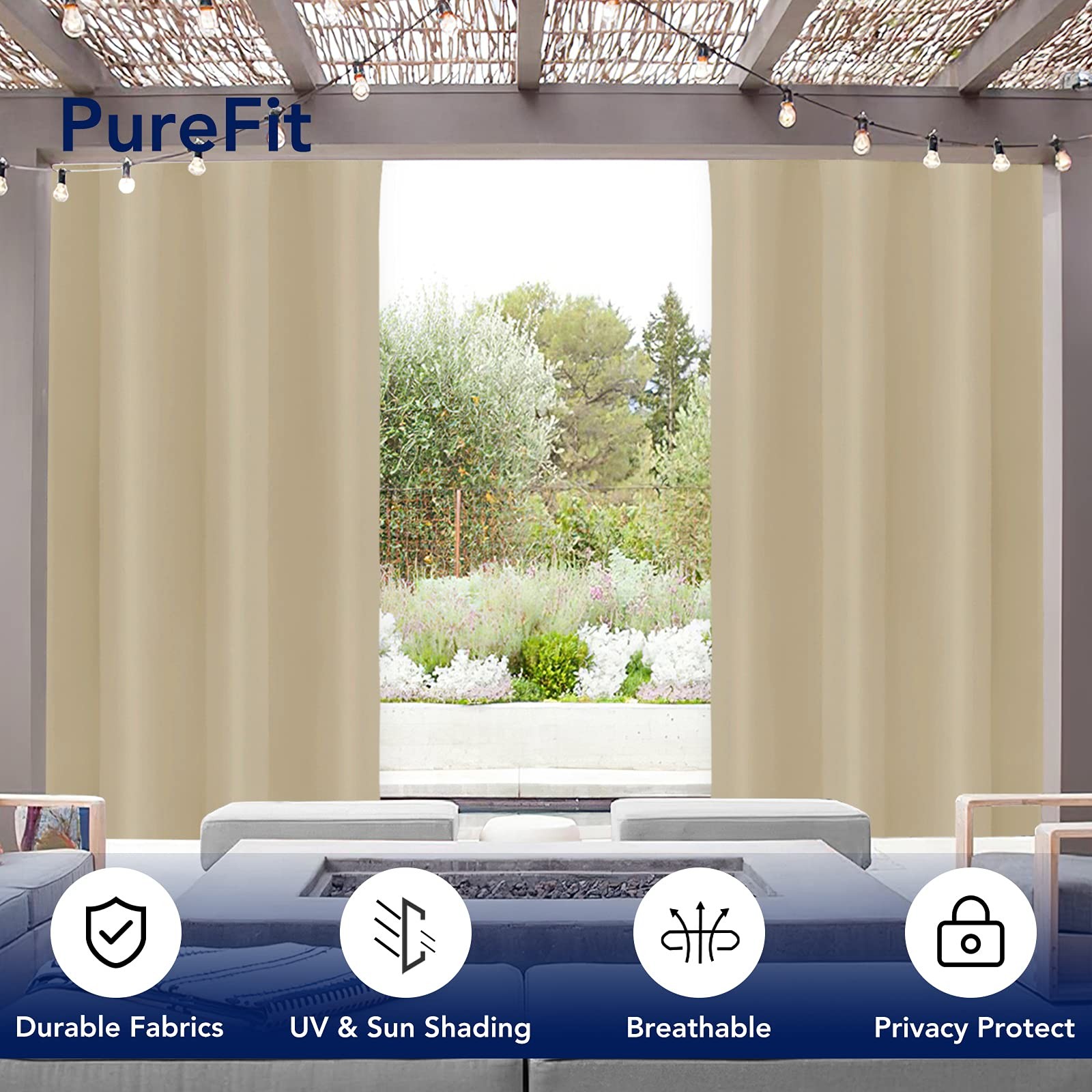 Outdoor Waterproof UV-Resistant Curtains for Patio, Gazebo, Porch, 52×84 Beige
