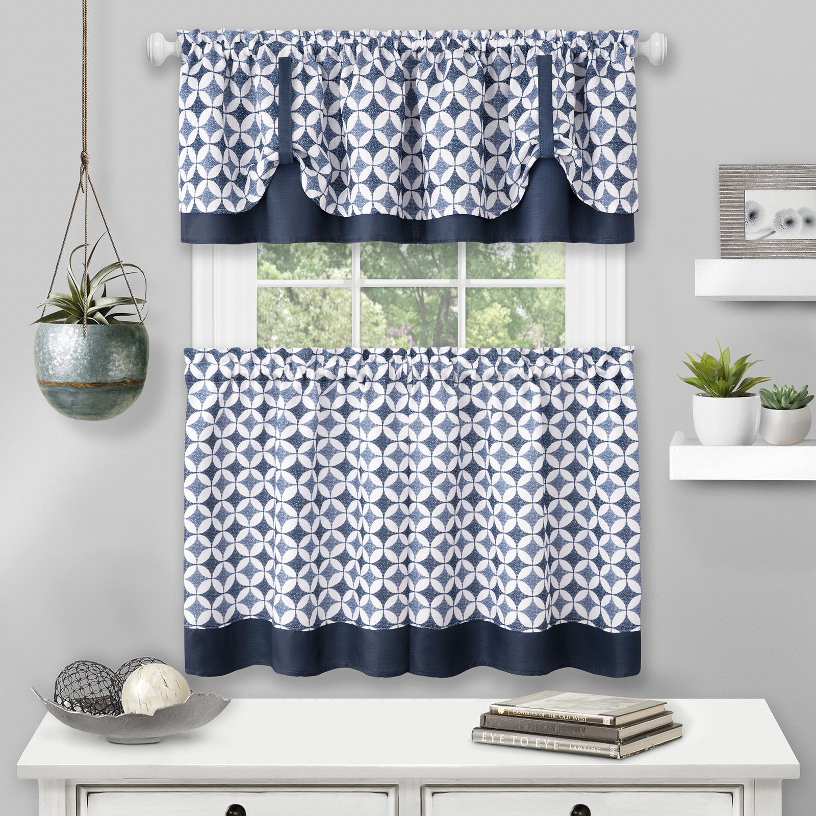 Navy Geometric Plaid Circles Kitchen Window Curtains with Cuff Tab Top Panel
