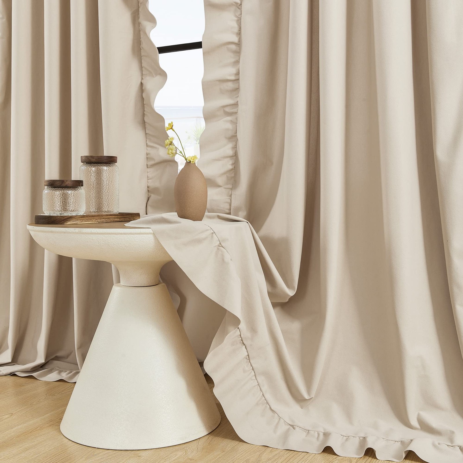 Beige Ruffle Curtains 84 Inches Long 2 Panels Suede Fabric Light Tan Farmhous…