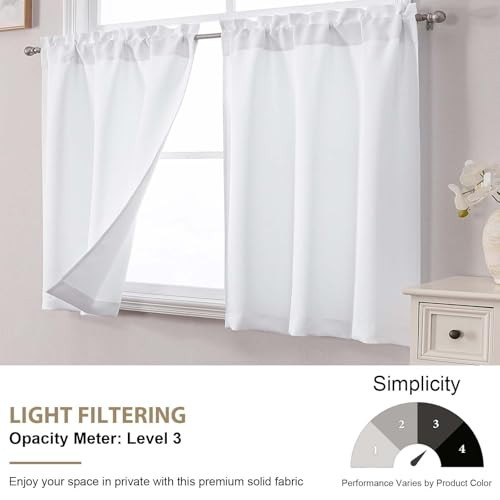 White Cafe Curtains 24 Inch Length – Light 30″W x 24″L (Pack of 2) Pure White