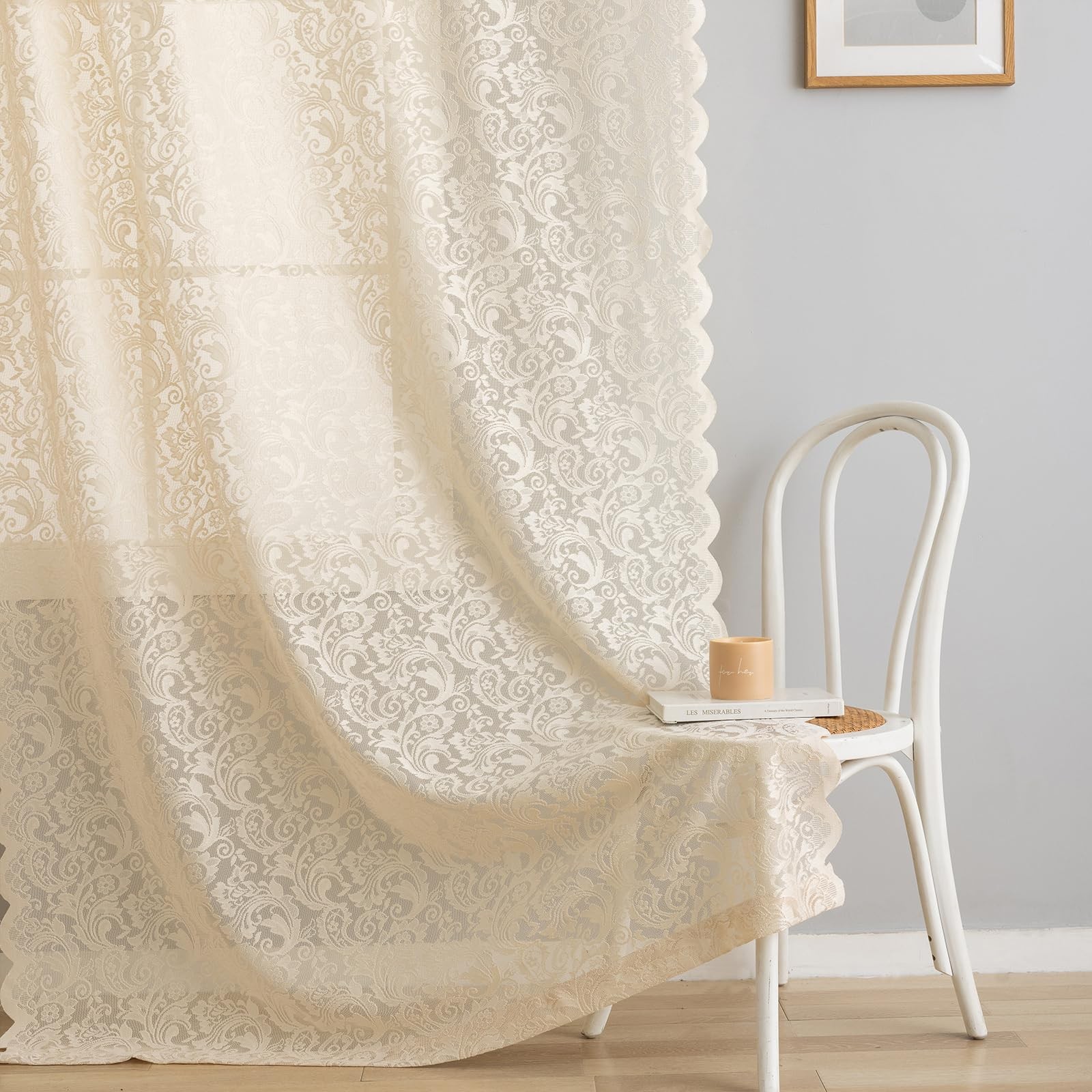 ALIGOGO Lace Beige Boho Curtains 96 Inches Long Set of 2 – Shabby Chic Semi S…