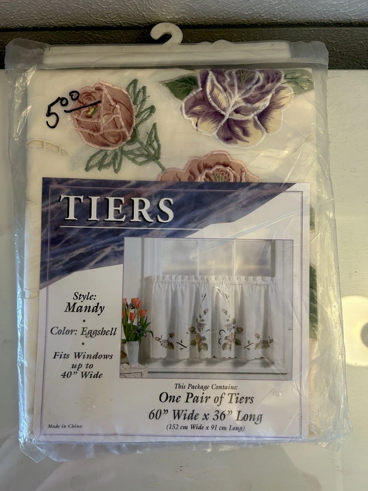 One Pair Tiers Curtains, Eggshell W/Embroidery Roses, 60” Wide X 36” Long