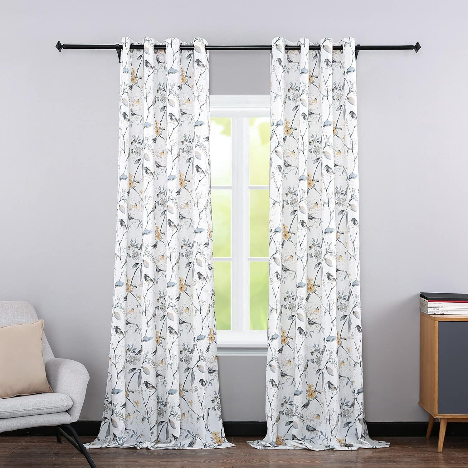Farmhouse Bird Print Curtains 108″ Long, Grommet Drapes, 2 Panels Set