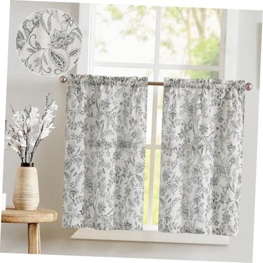 Floral Kitchen Curtains for 26″W x 45″L (Pack of 2) Forest Black on Beige