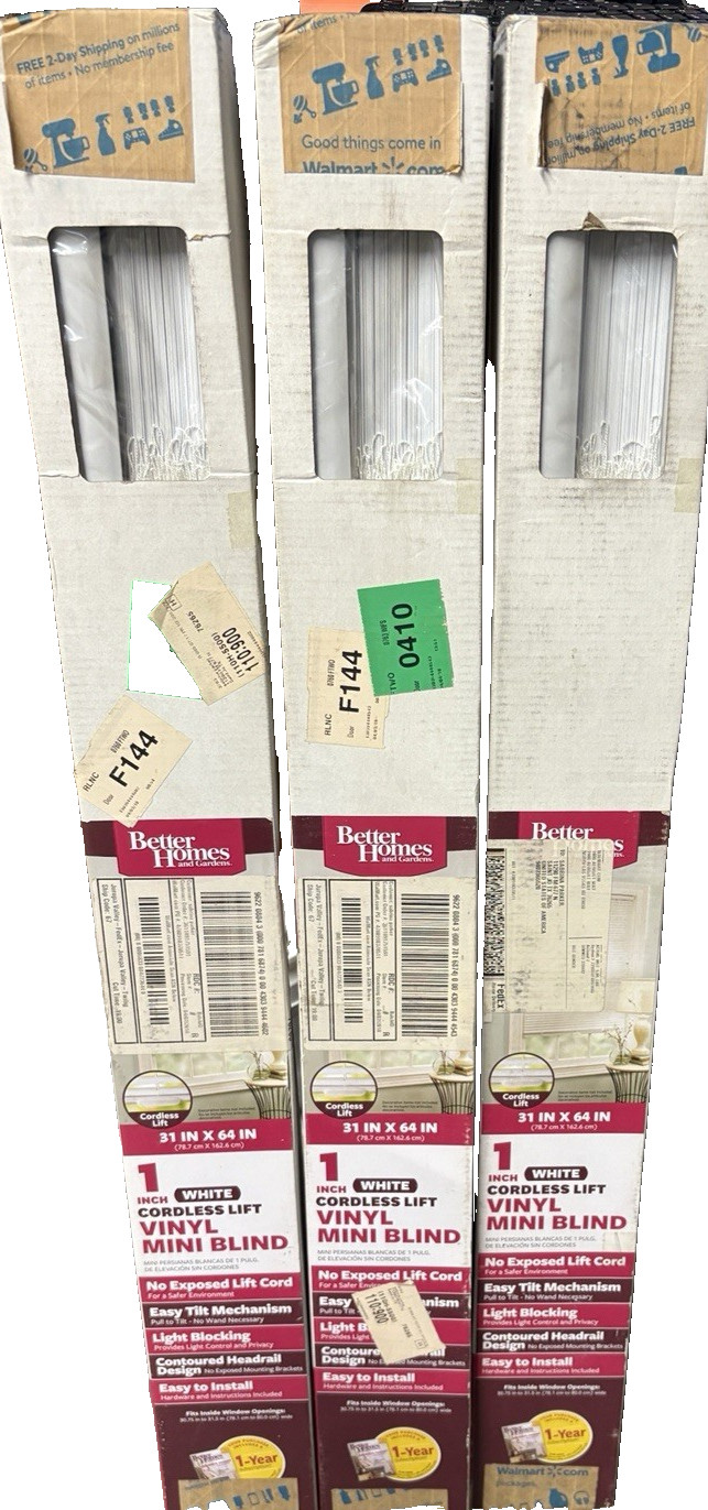 Cordless- 1″-Vinyl-Light Filtering Blinds-White 31″X64″-No Exposed Lift Cord-NIB