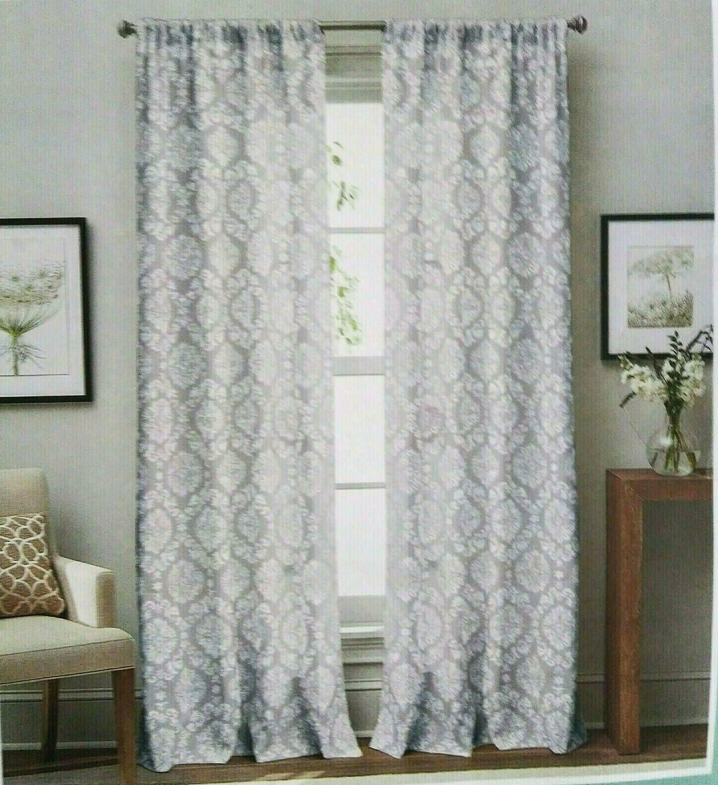 Peri Home 2 Pk Gables Medallion Rod Pocket Curtain Panels 40×96 Ea Grey White