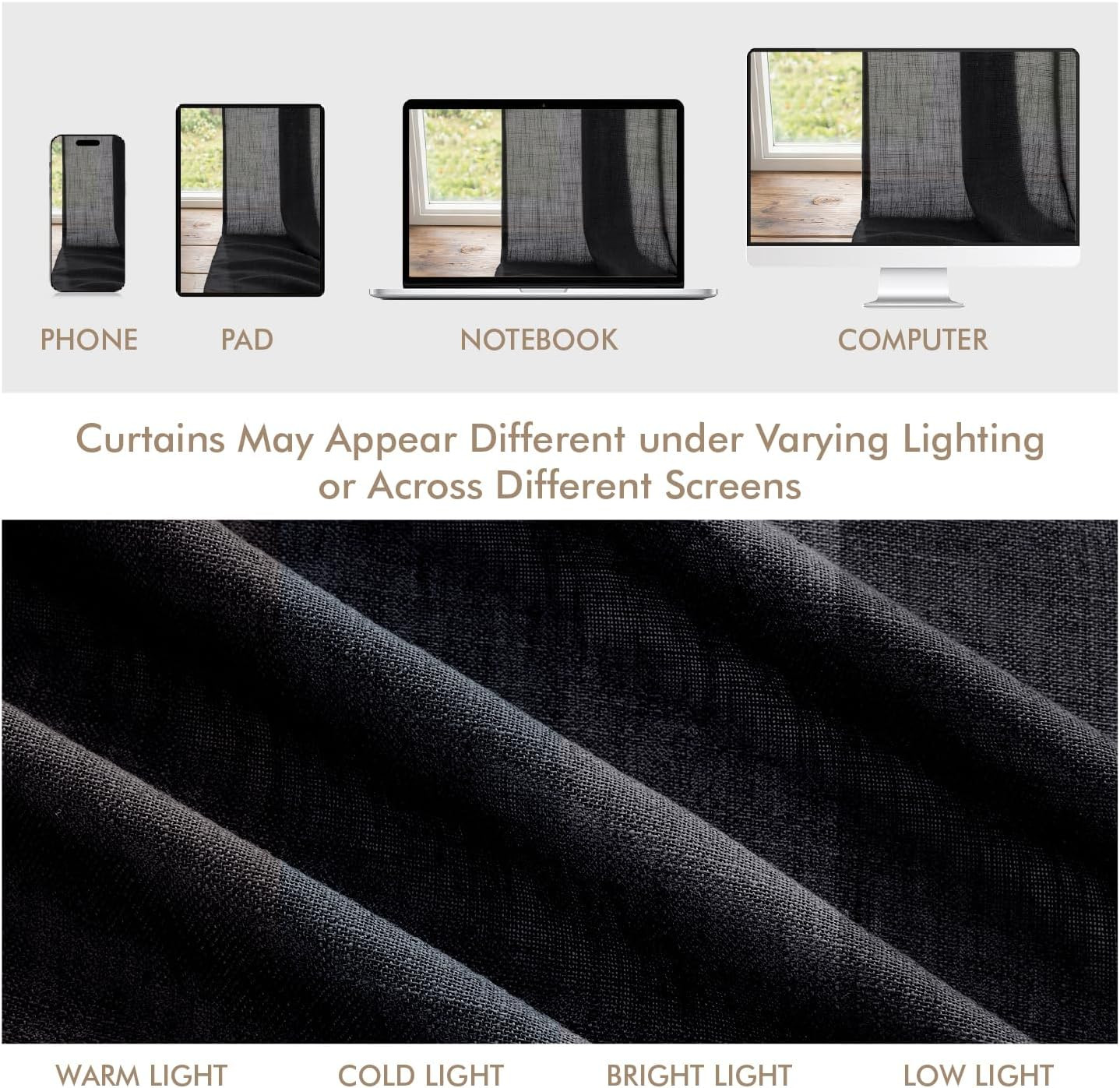 MIULEE Black Linen Curtains 84 Inch Long 4 Panels Light Filtering Window Drapes