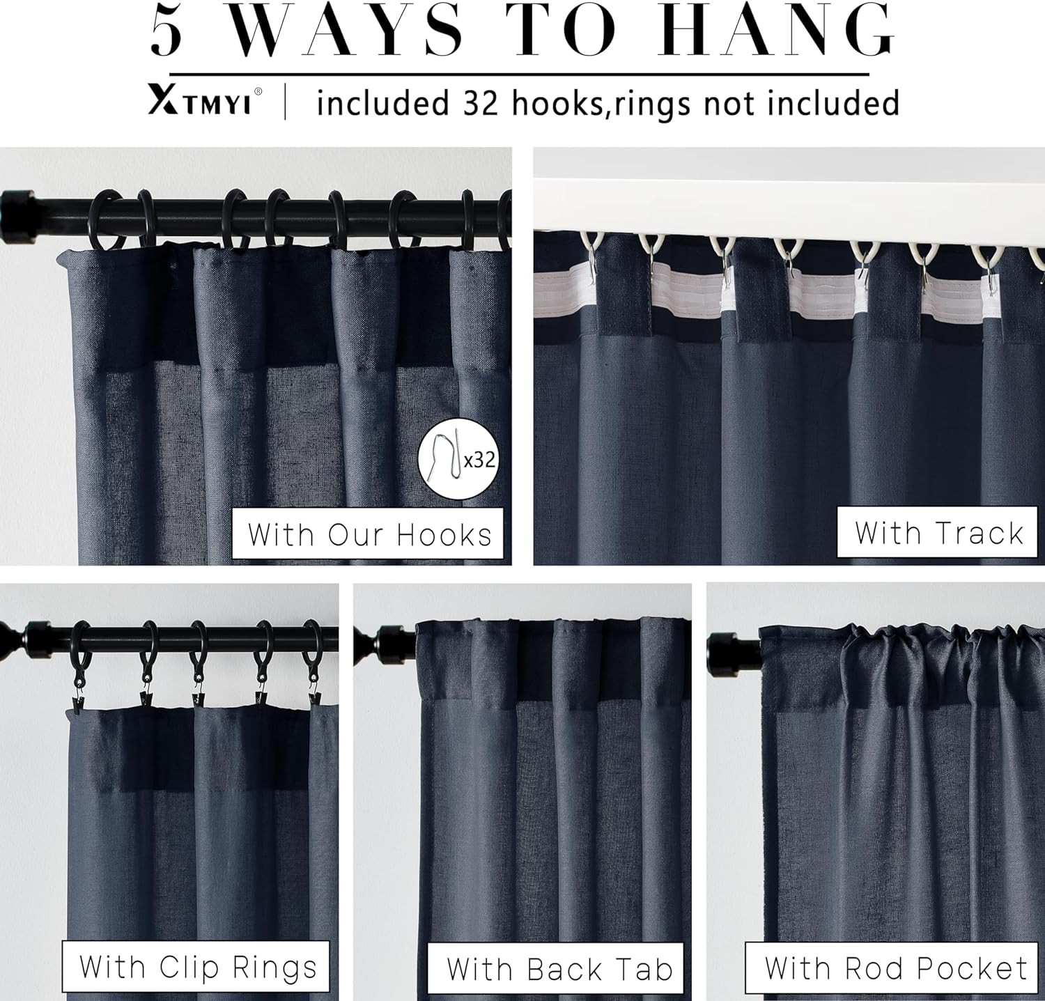 Indigo Blue Curtains 108 Inches Long for Living Room 2 Panels Set Back Tab Hook