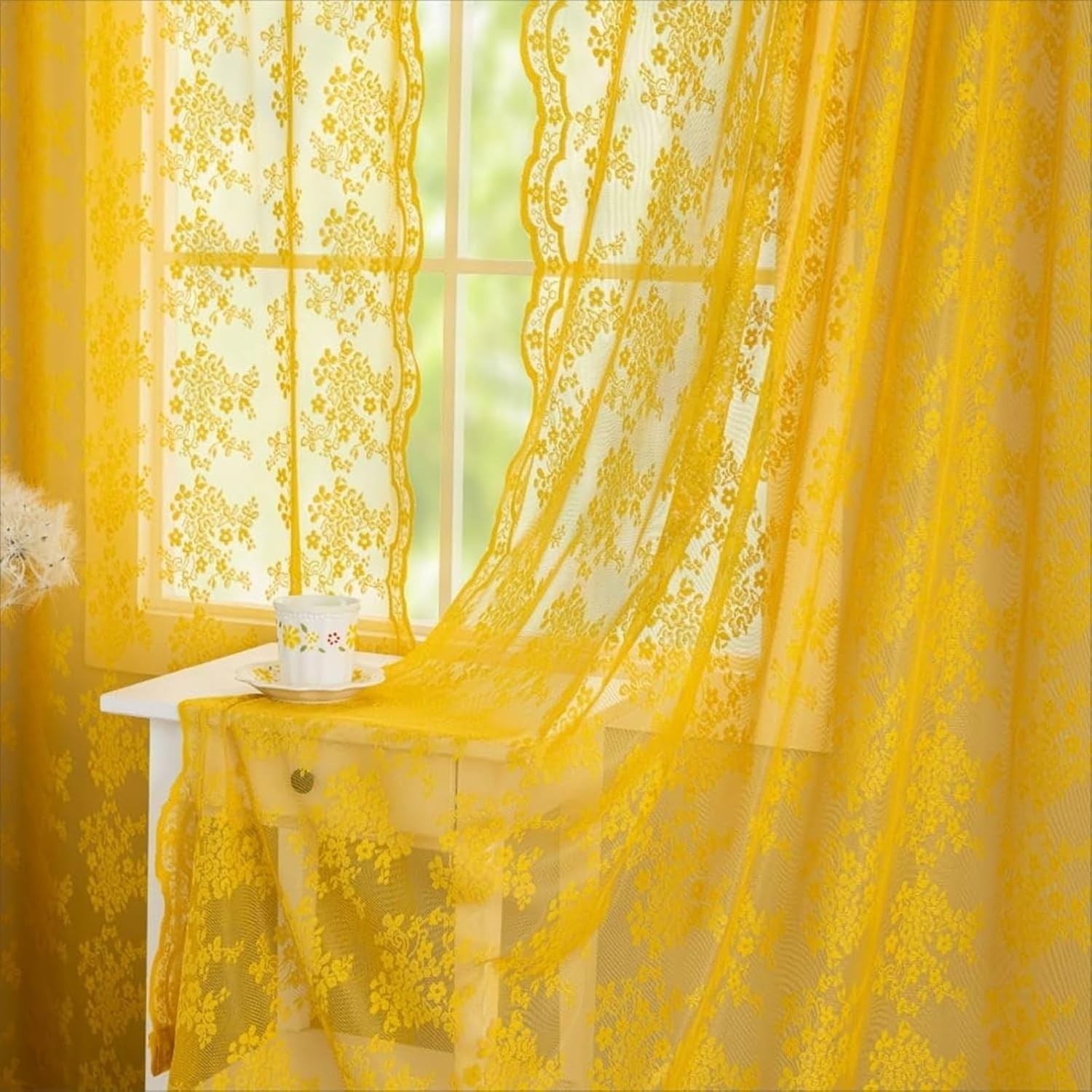 Vintage Lace Sheer Curtains Floral Branch Rod Pocket 52×84 Inch Ivory for French