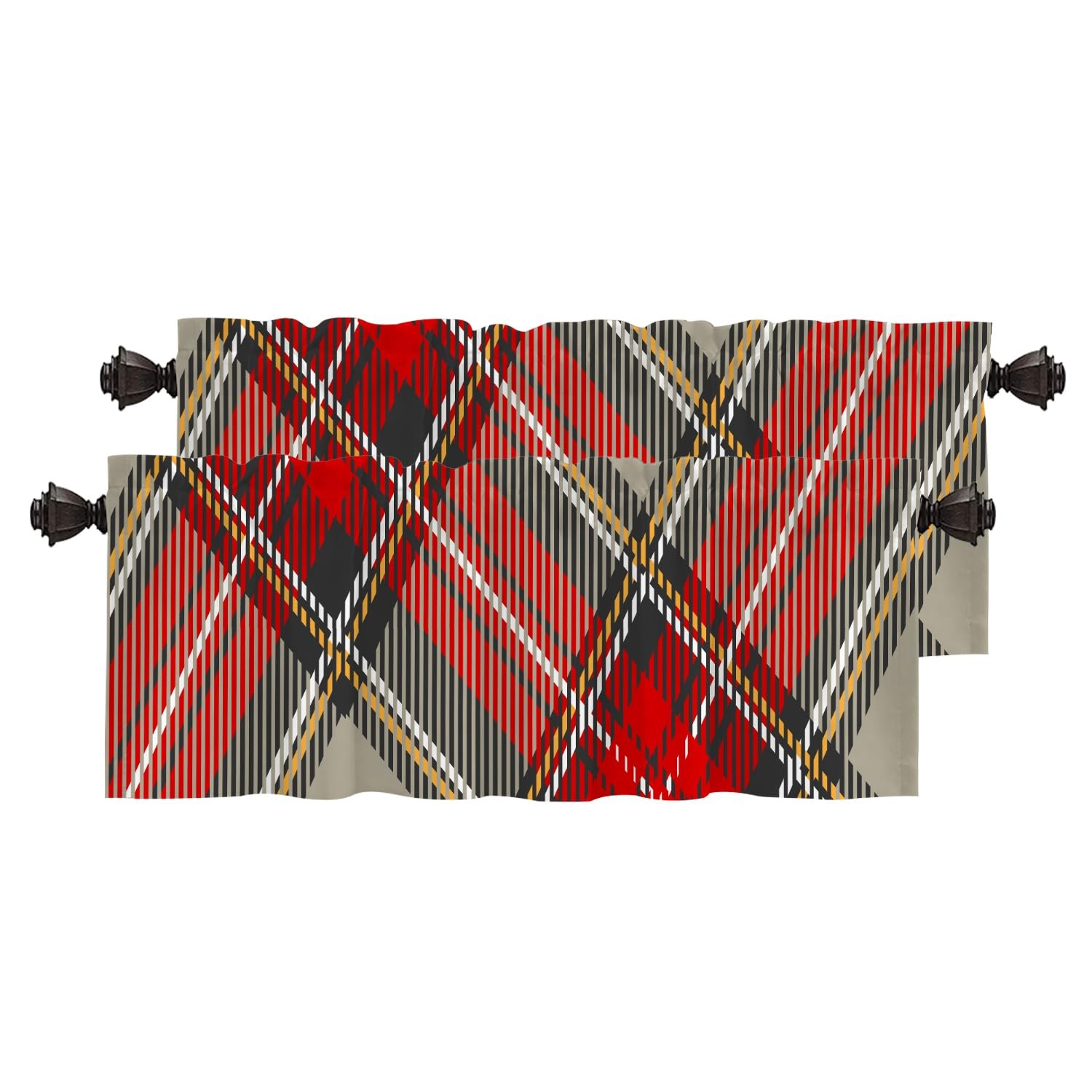 Red Gray Modern Plaid Blackout Kitchen Curtain, Black Rhombus Scottish Tartan…