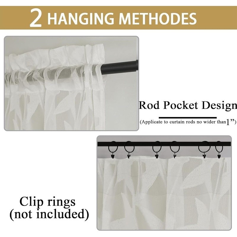 Light Filtering Leaf Jacquard Curtains Rod Pocket Drapes Machine Washable Home