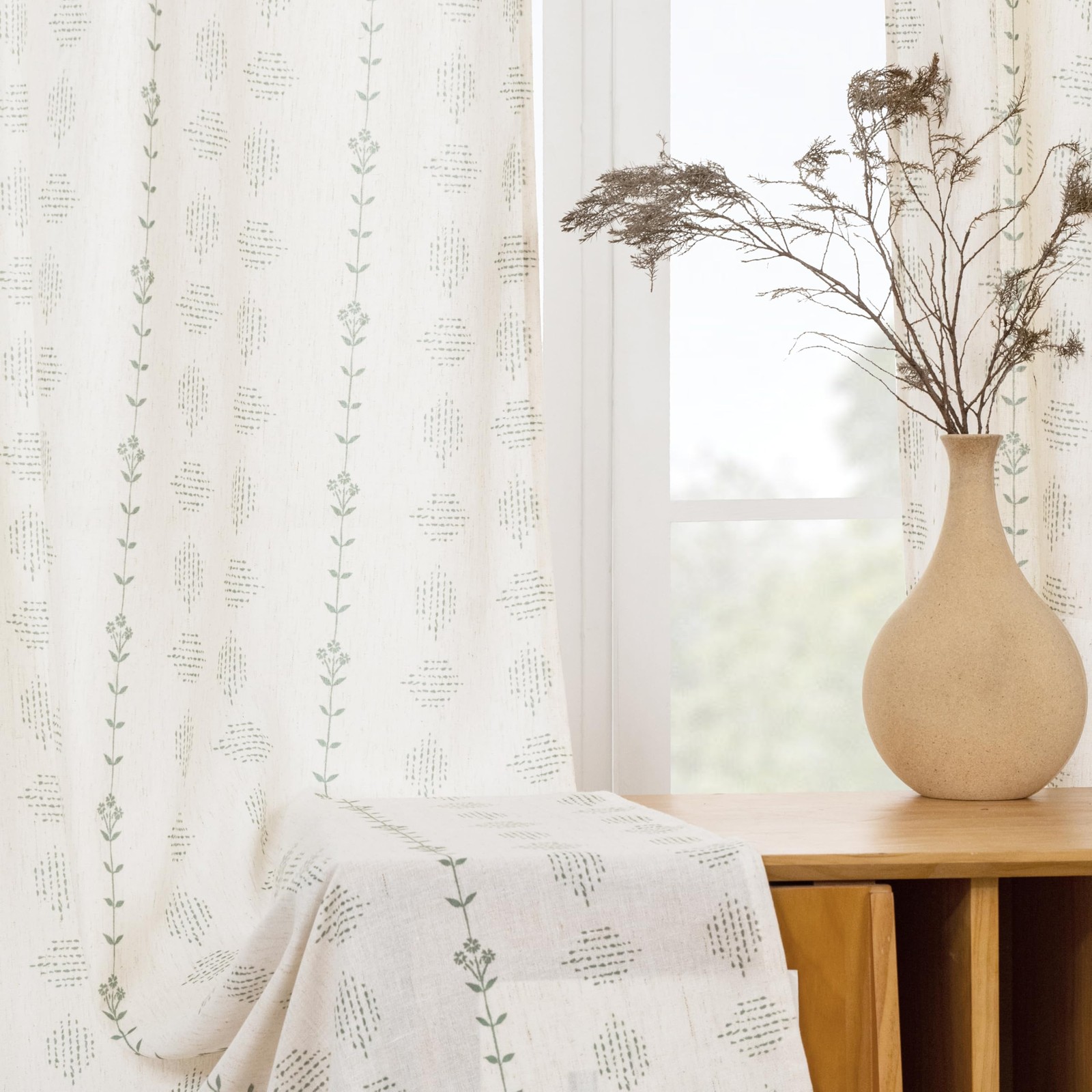 Linen Semi Sheer Curtains 63 Inch Length,Sage Green Boho Floral Curtain Drape…