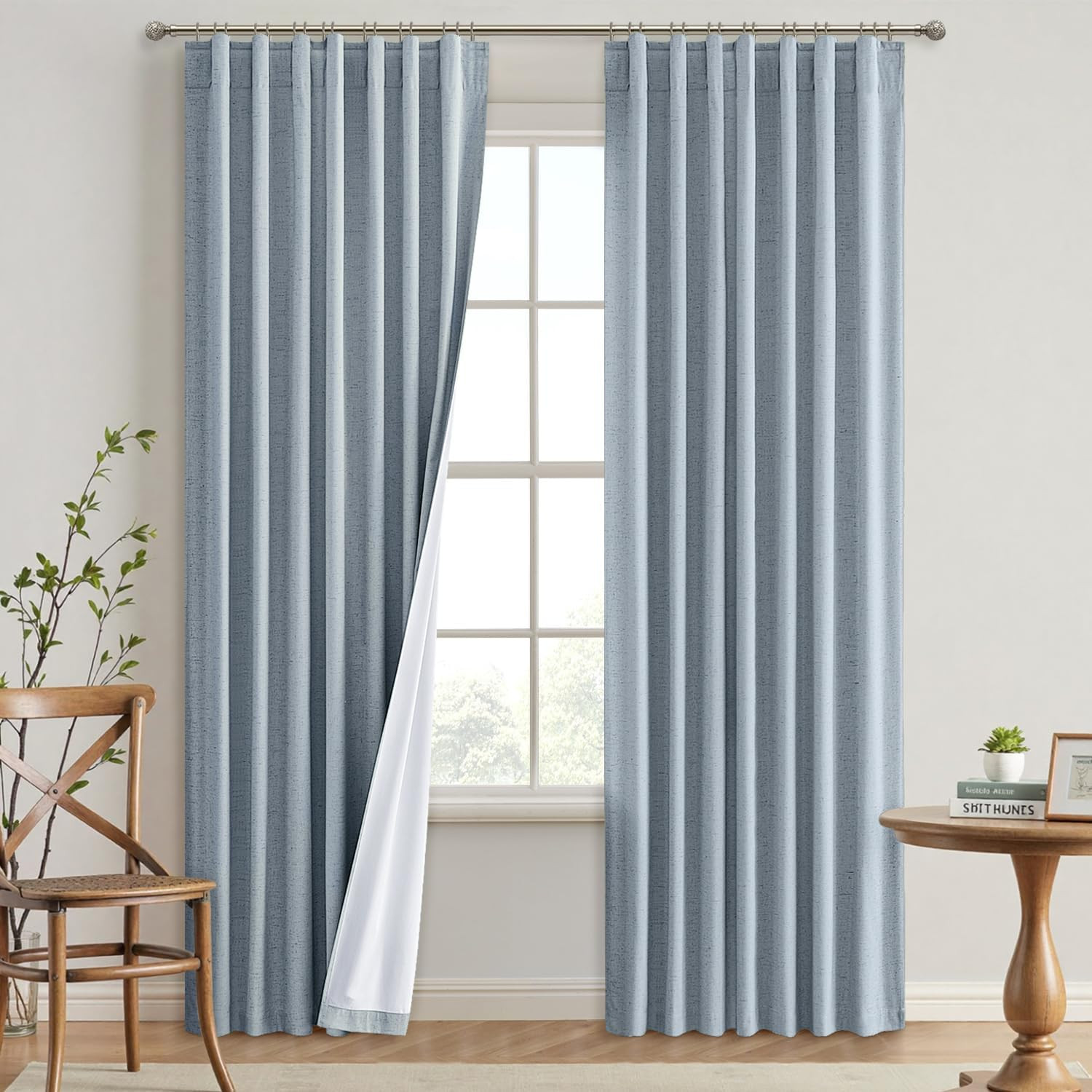 Chambray Blue 108″ Blackout Curtains – 2 Panel Set for Bedroom & Living Room