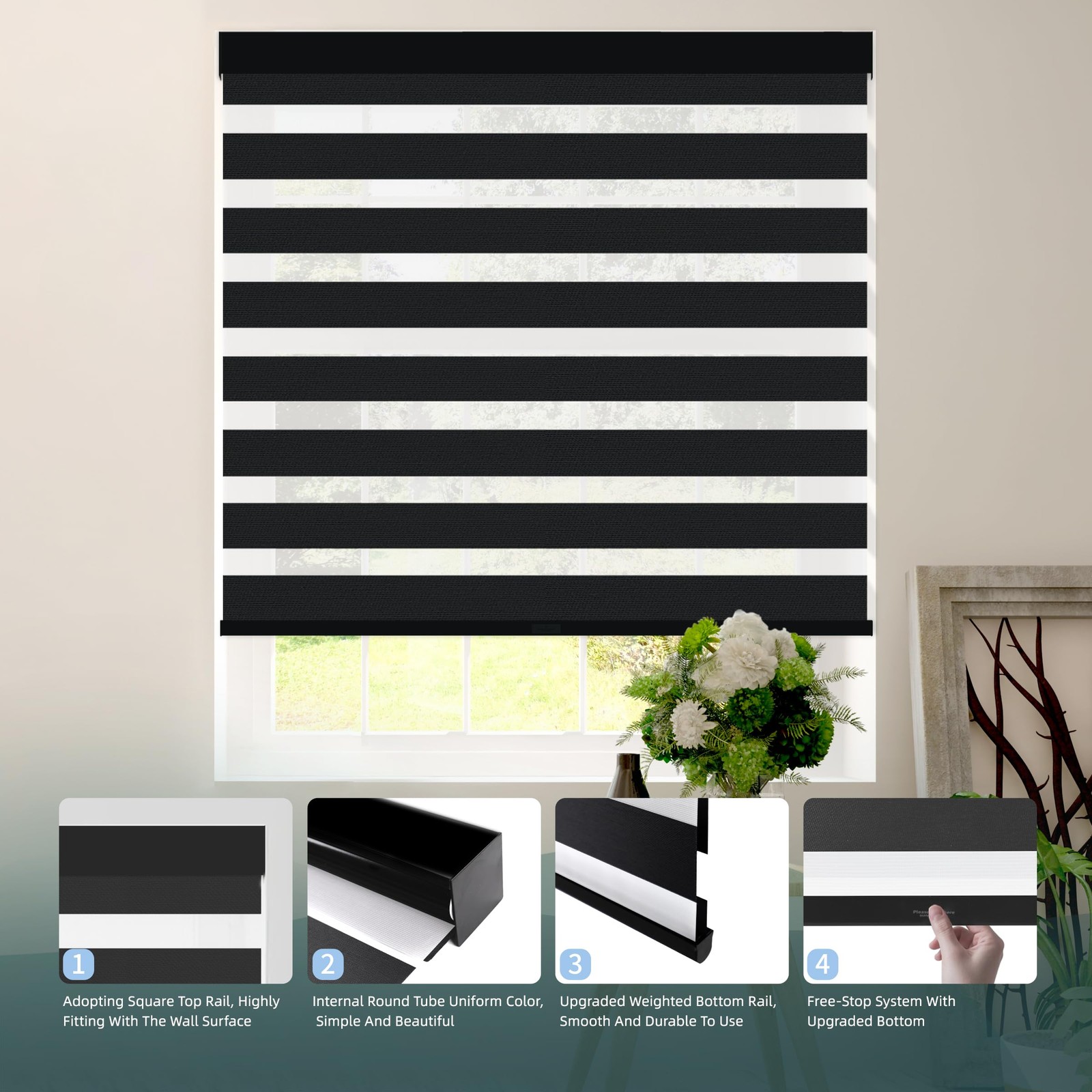 Cordless Zebra Blinds for Windows (40″ W X 72″ H, Black) -Stop Zebra Roller S…