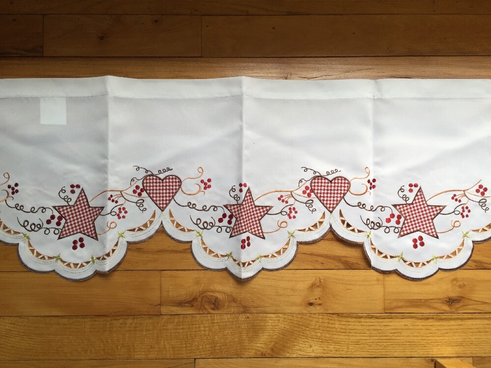Primitive Gingham Hearts & Stars Valance Checkered Country Embroidered Valance