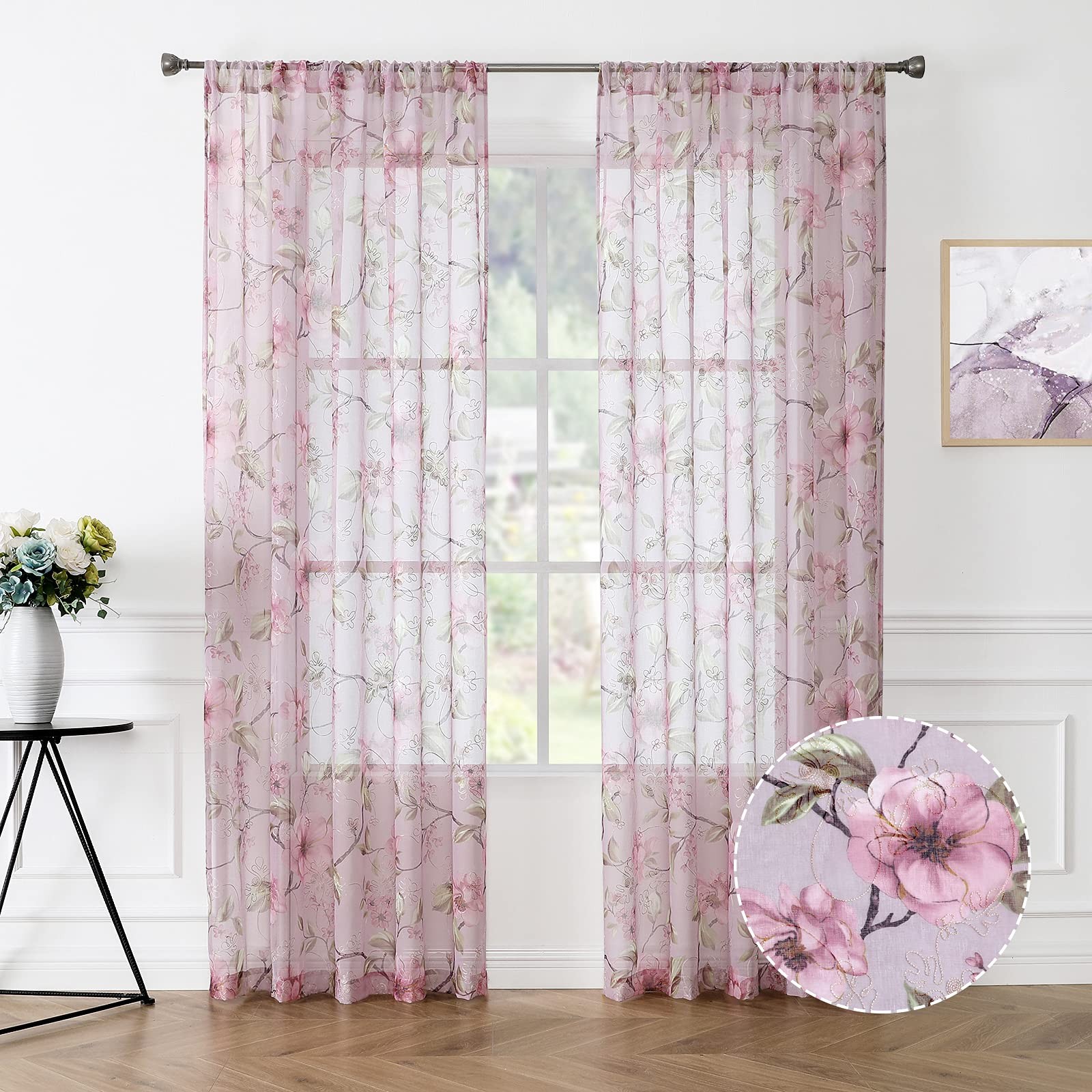 Tollpiz Sheer Curtain Pink Flower Leaf Printed 54″W x 45″L (Pack of 2),